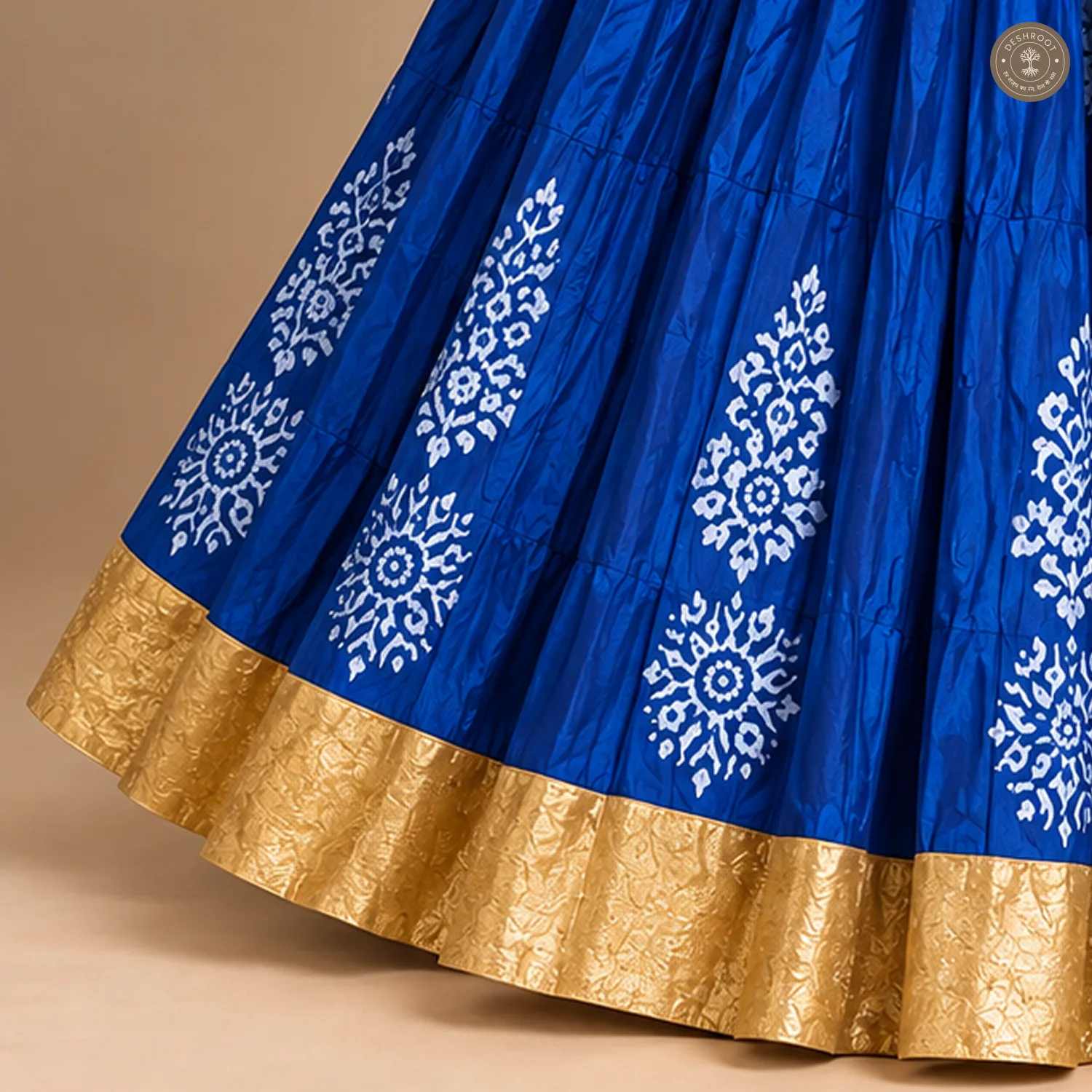 Royal Blue Dola Silk Chaniya Ghagra with White Floral Motifs & Golden Border