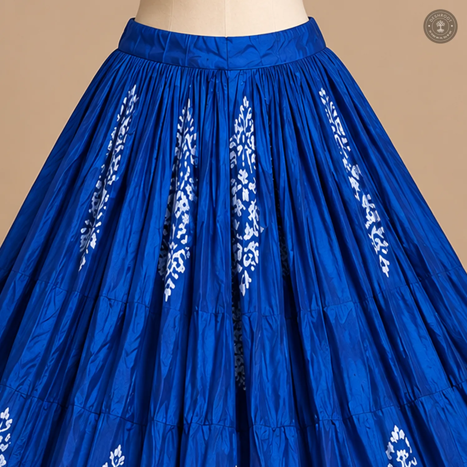 Royal Blue Dola Silk Chaniya Ghagra with White Floral Motifs & Golden Border