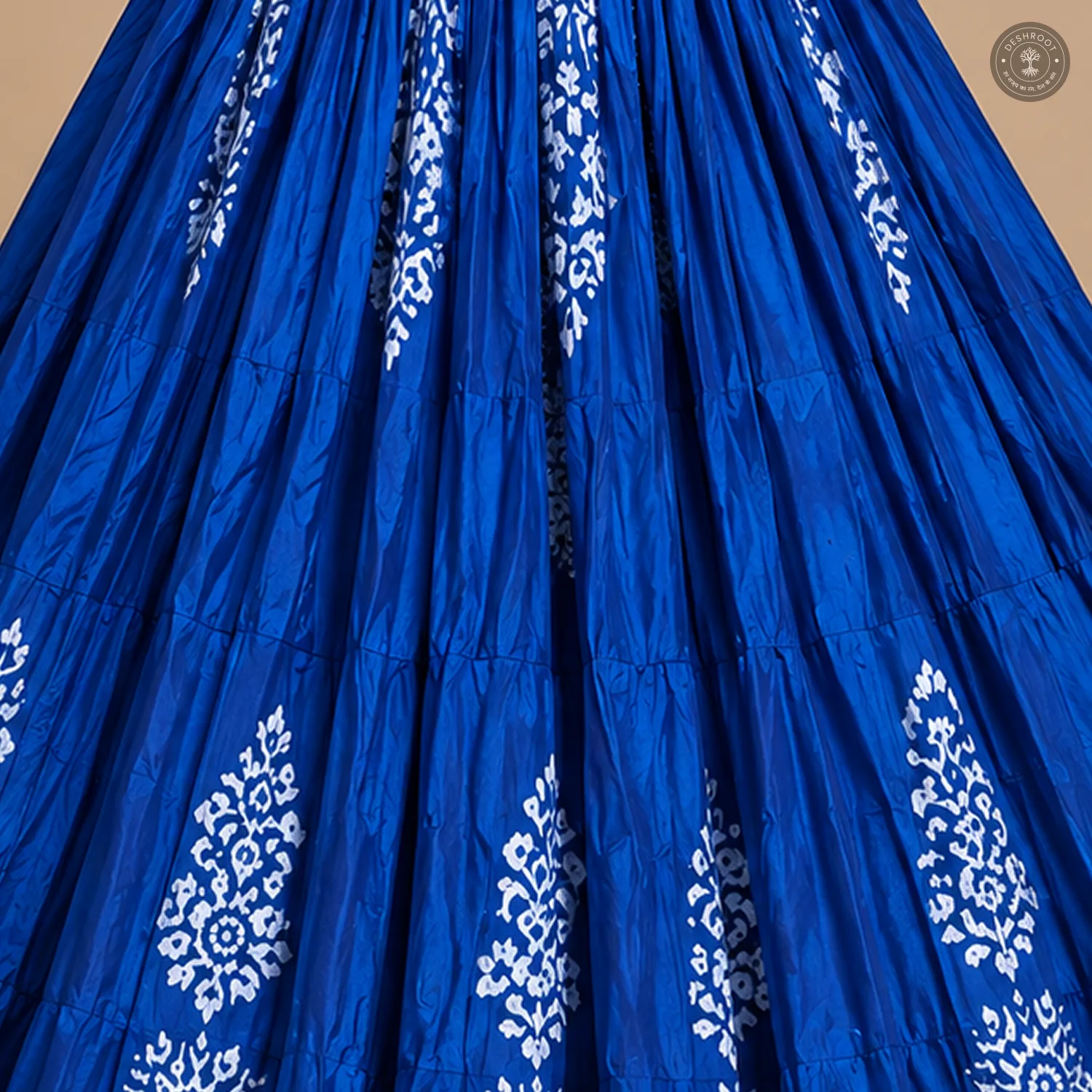 Royal Blue Dola Silk Chaniya Ghagra with White Floral Motifs & Golden Border