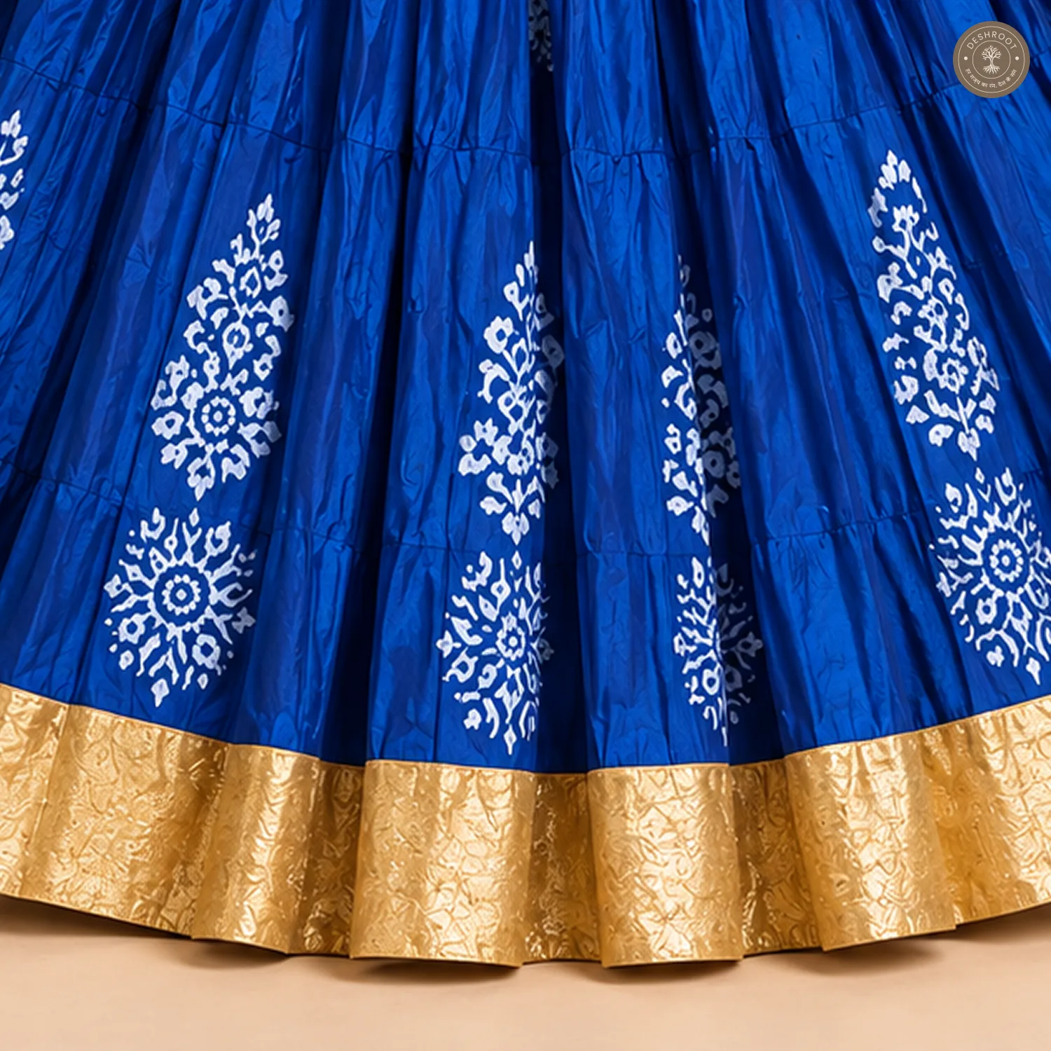 Royal Blue Dola Silk Chaniya Ghagra with White Floral Motifs & Golden Border