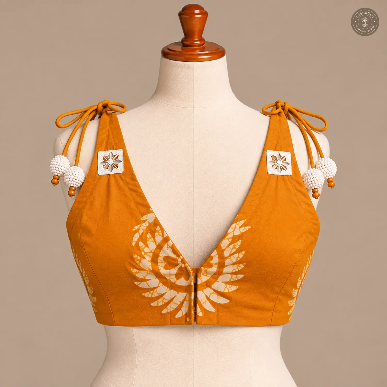 Mustard Orange Pure Dola Silk Blouse with Hand Mirror Patchwork