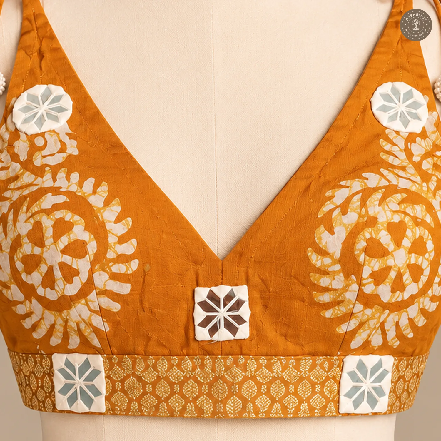 Mustard Orange Pure Dola Silk Blouse with Hand Mirror Patchwork