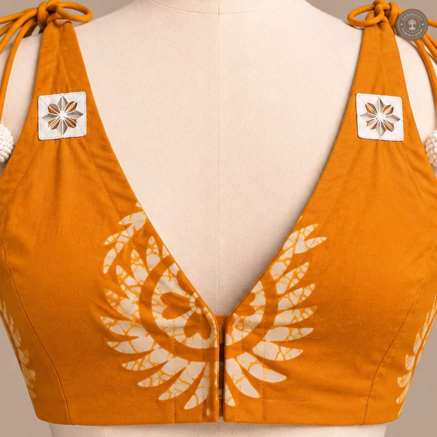 Mustard Orange Pure Dola Silk Blouse with Hand Mirror Patchwork