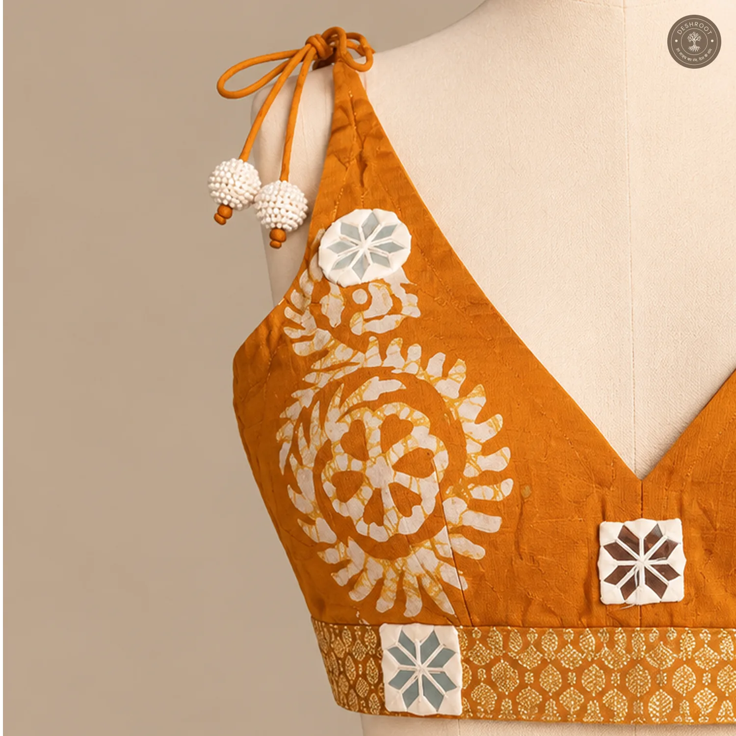 Mustard Orange Pure Dola Silk Blouse with Hand Mirror Patchwork
