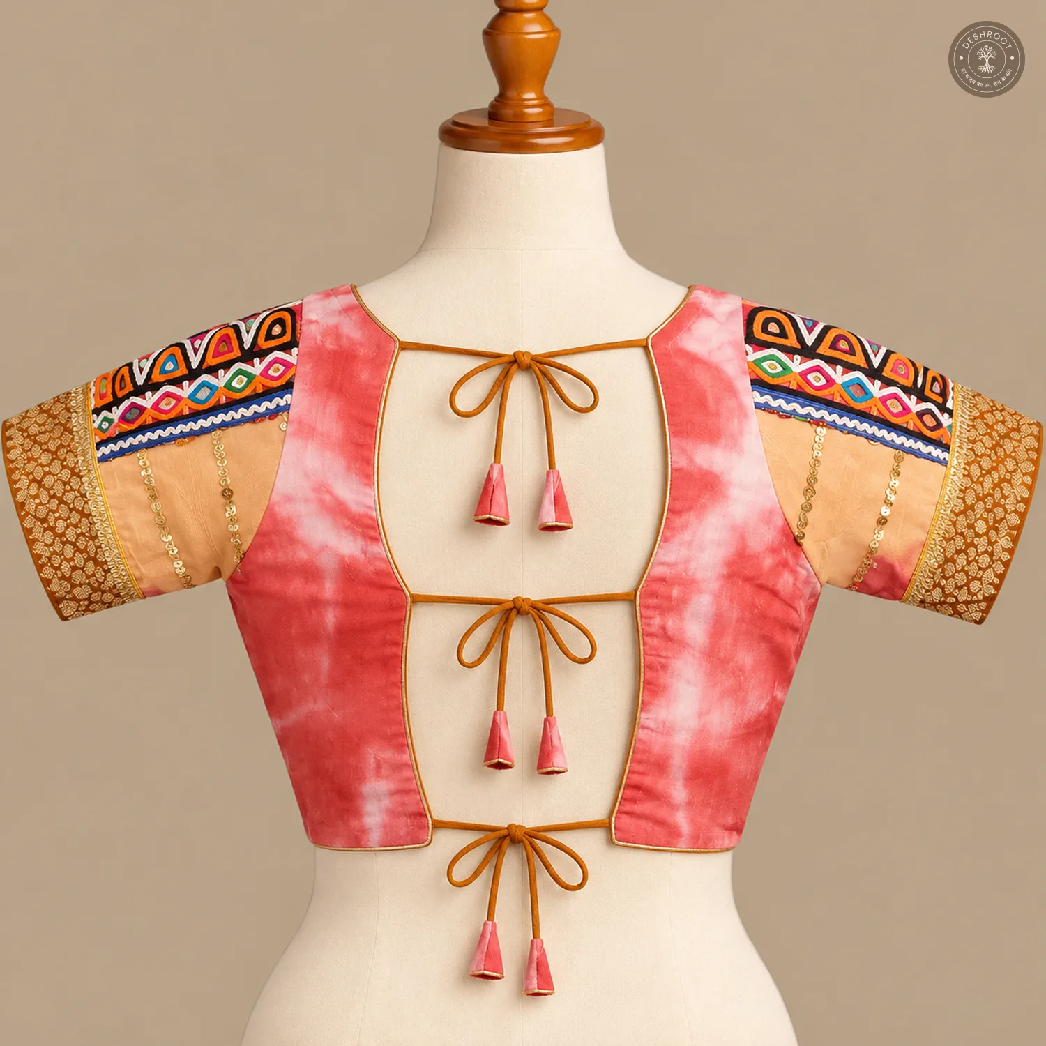 Coral Pink & Orange Pure Dola Silk Blouse with Printed Panel Detailing