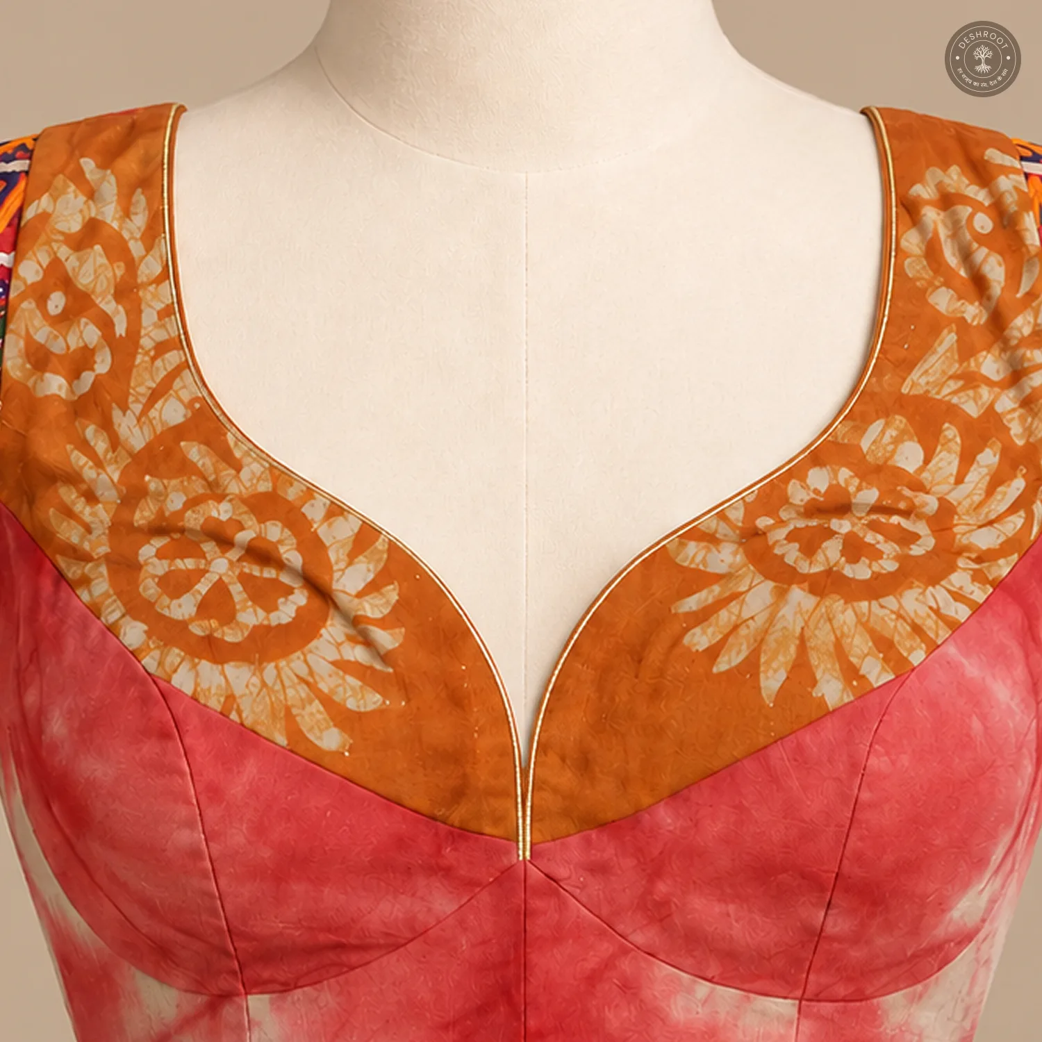 Coral Pink & Orange Pure Dola Silk Blouse with Printed Panel Detailing
