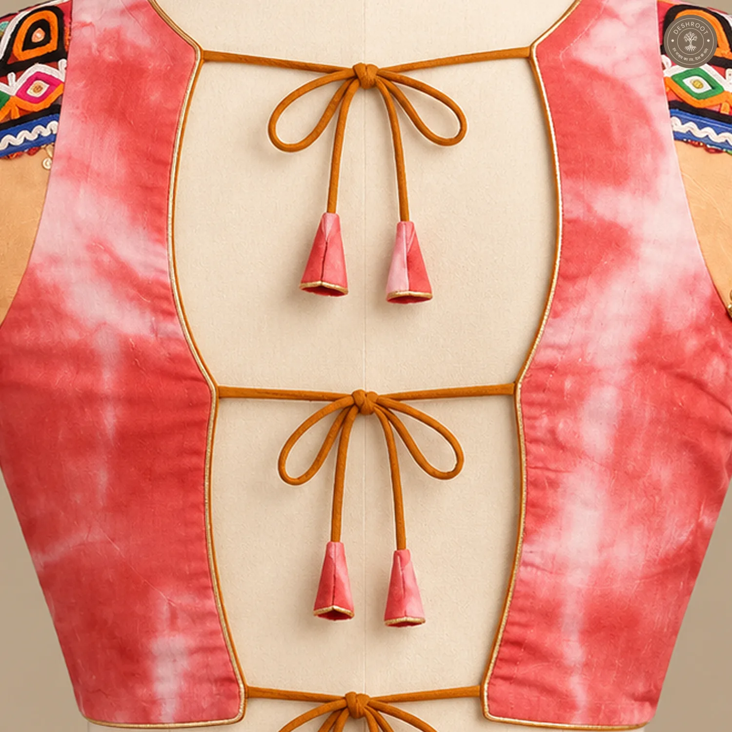 Coral Pink & Orange Pure Dola Silk Blouse with Printed Panel Detailing