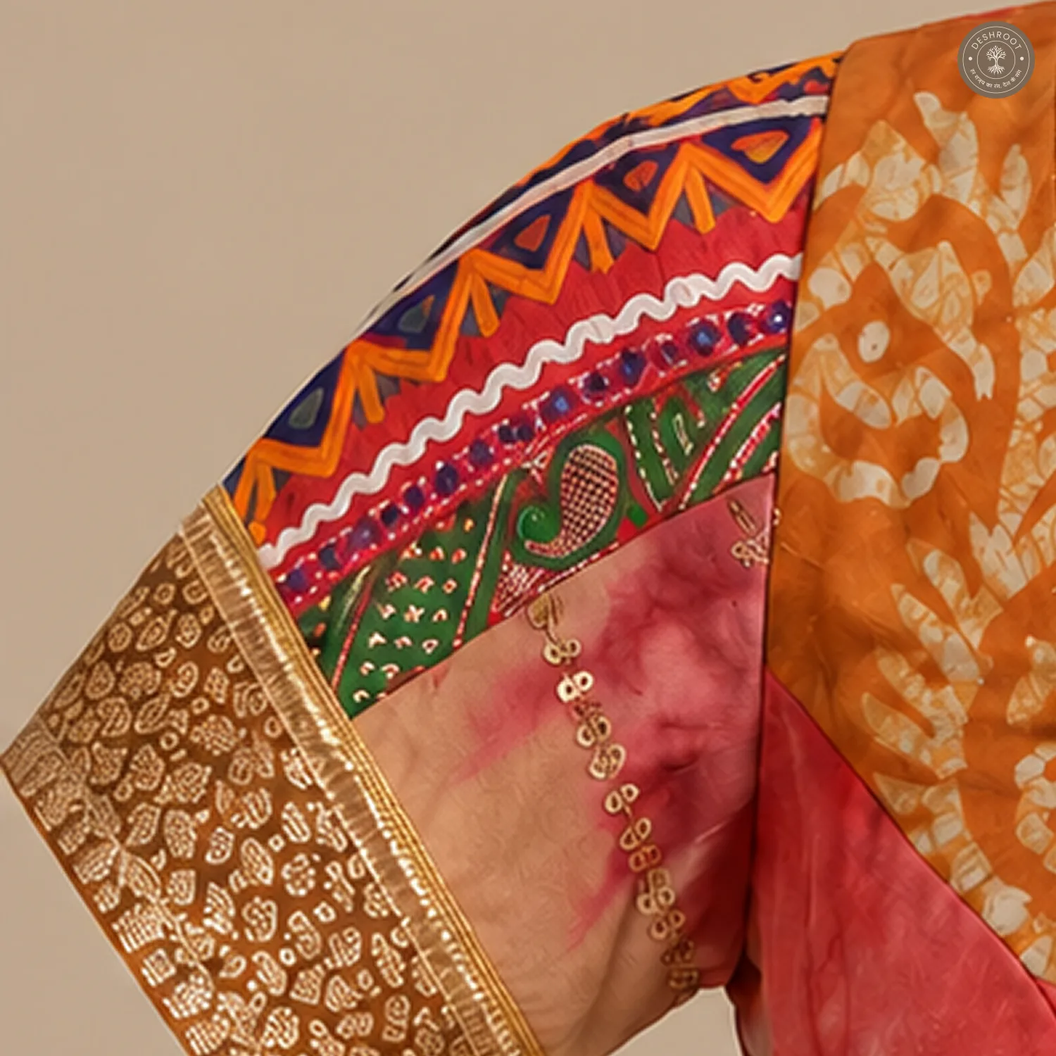 Coral Pink & Orange Pure Dola Silk Blouse with Printed Panel Detailing
