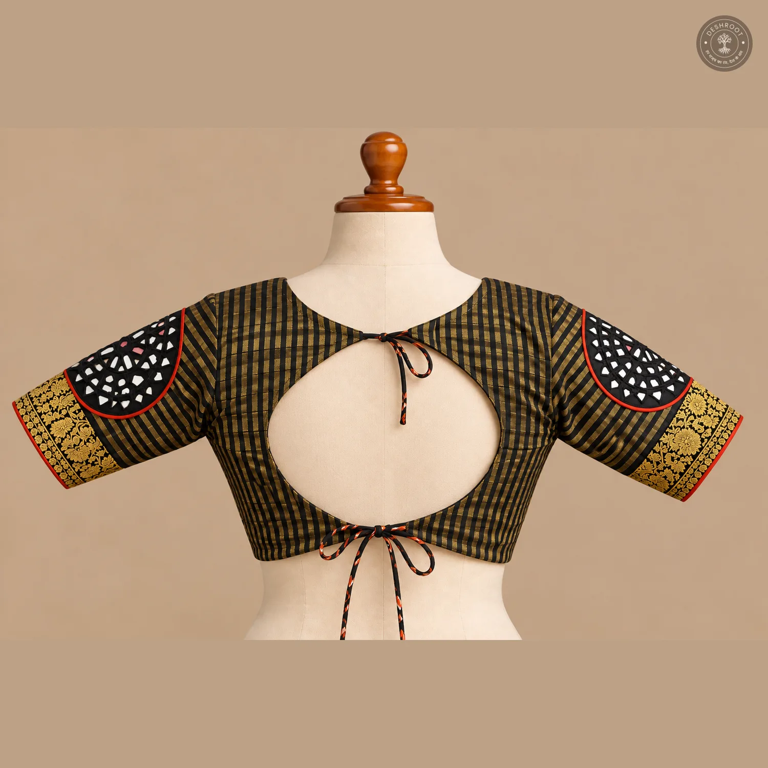 Black & Gold Dola Silk Navratri Choli with Mirror Work & Lace Detailing