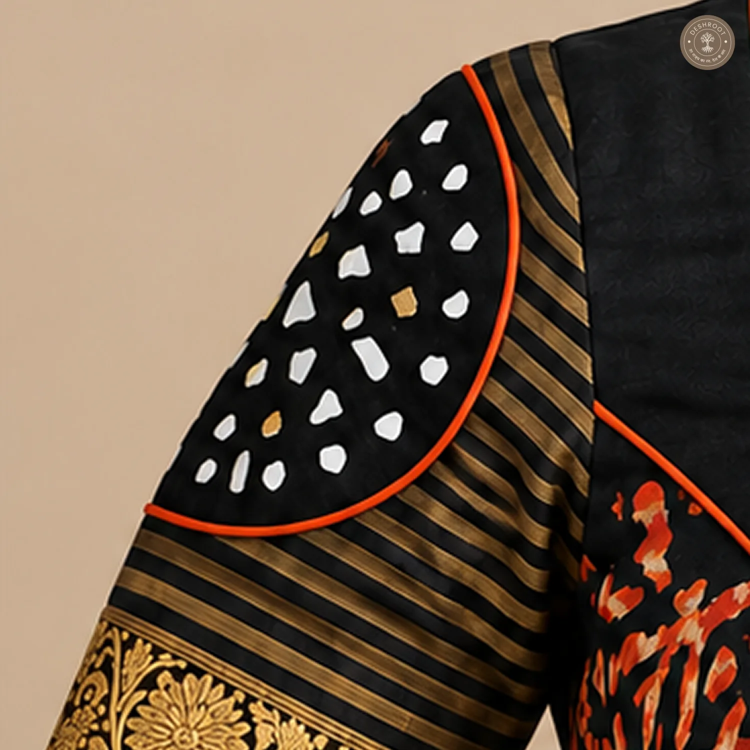 Black & Gold Dola Silk Navratri Choli with Mirror Work & Lace Detailing