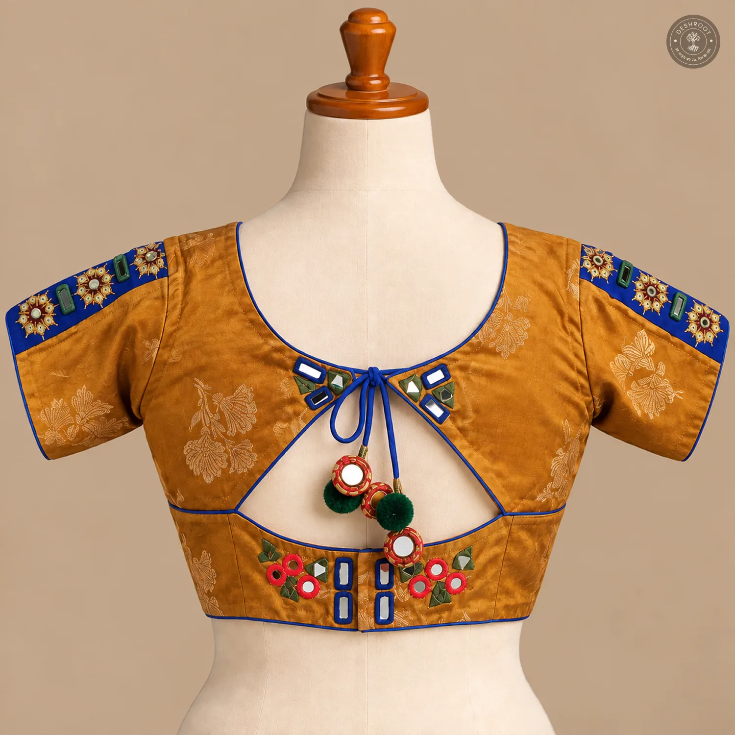 Mustard Gold Dola Silk Navratri Choli with Mirror Work & Patch Detailing