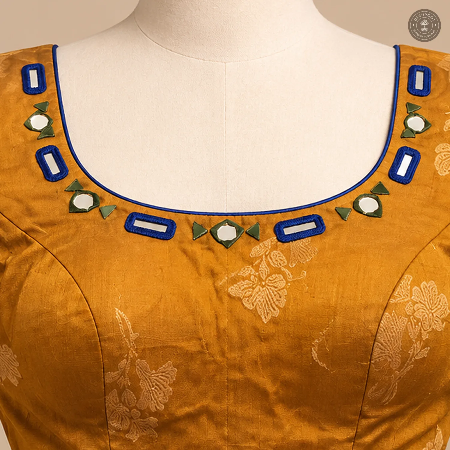 Mustard Gold Dola Silk Navratri Choli with Mirror Work & Patch Detailing