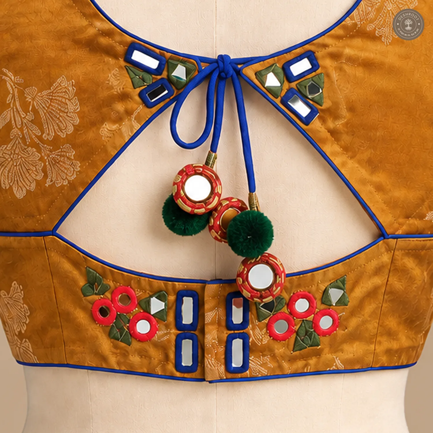 Mustard Gold Dola Silk Navratri Choli with Mirror Work & Patch Detailing