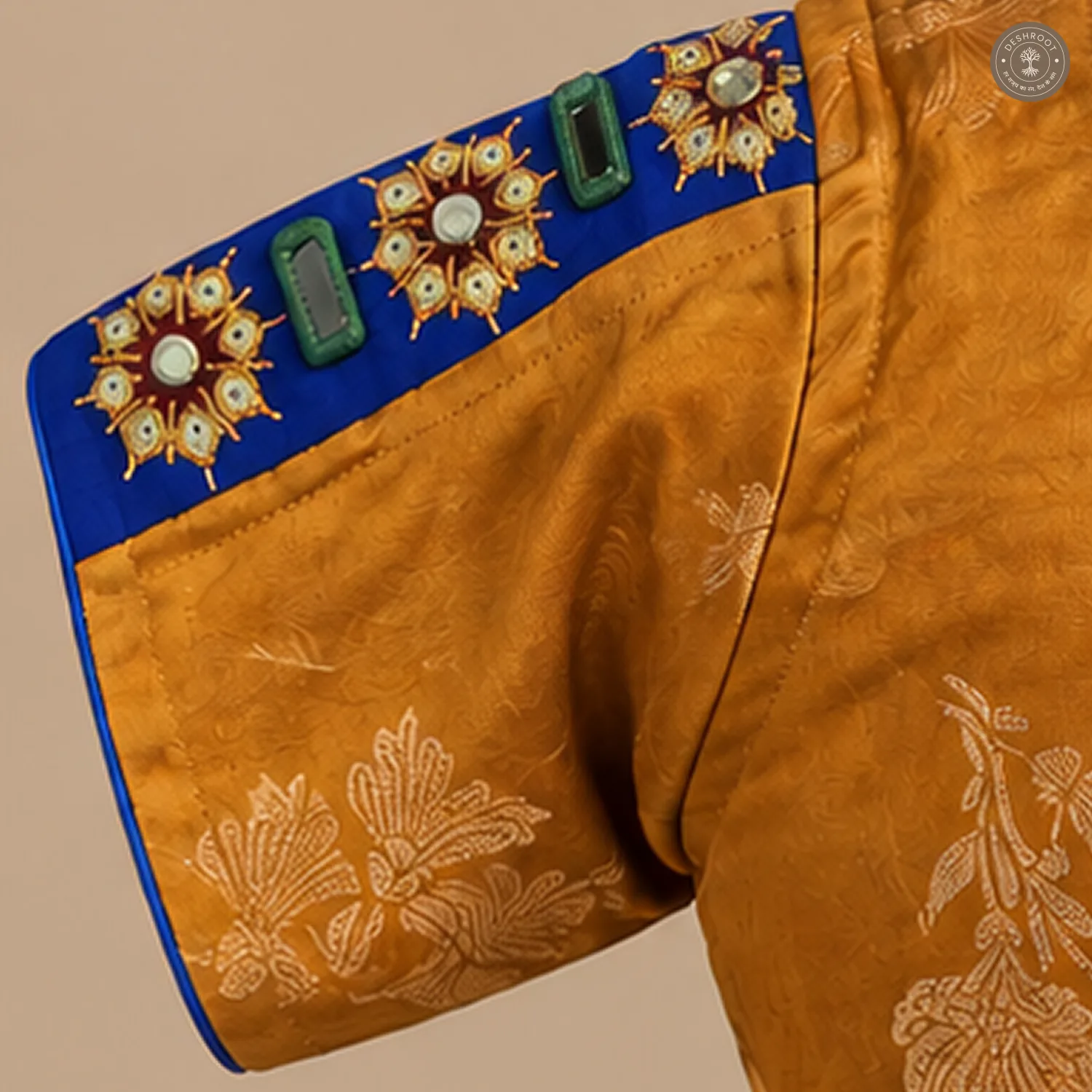 Mustard Gold Dola Silk Navratri Choli with Mirror Work & Patch Detailing