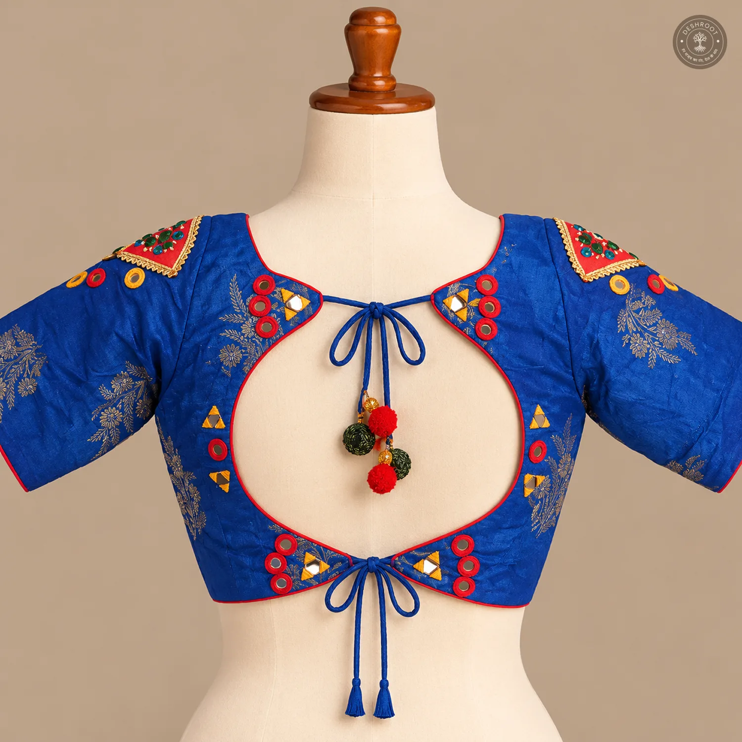 Royal Blue Dola Silk Blouse with Handmade Mirror Patch Work