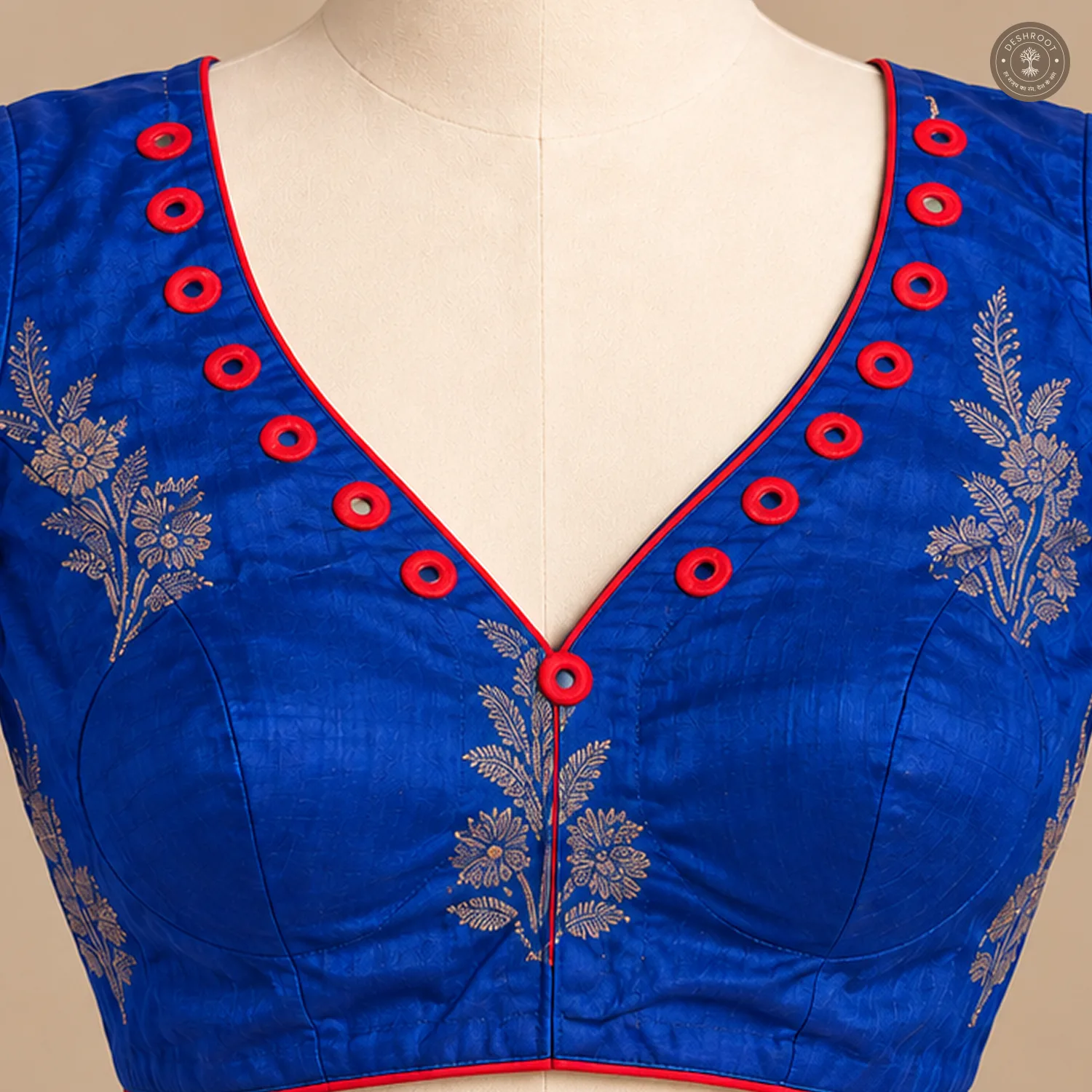 Royal Blue Dola Silk Blouse with Handmade Mirror Patch Work