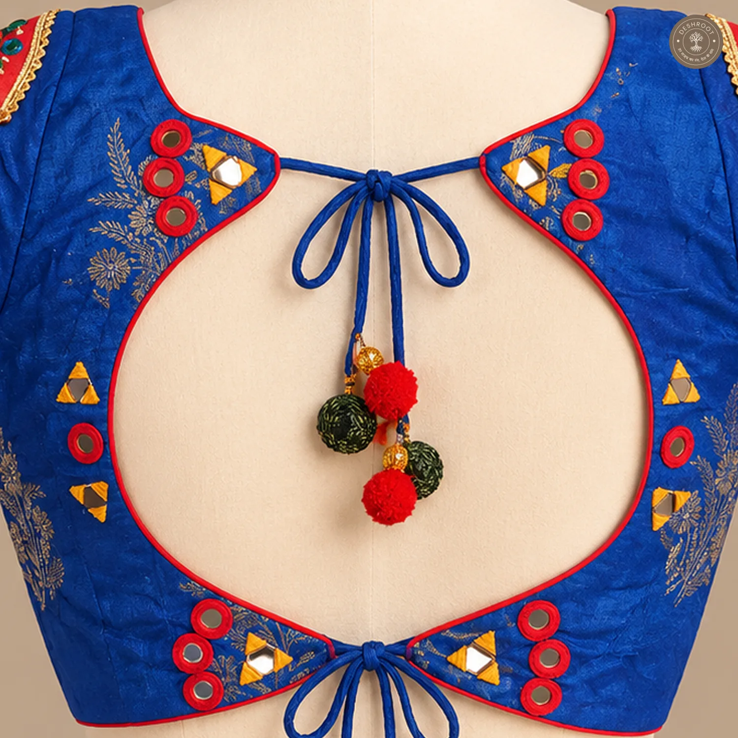 Royal Blue Dola Silk Blouse with Handmade Mirror Patch Work