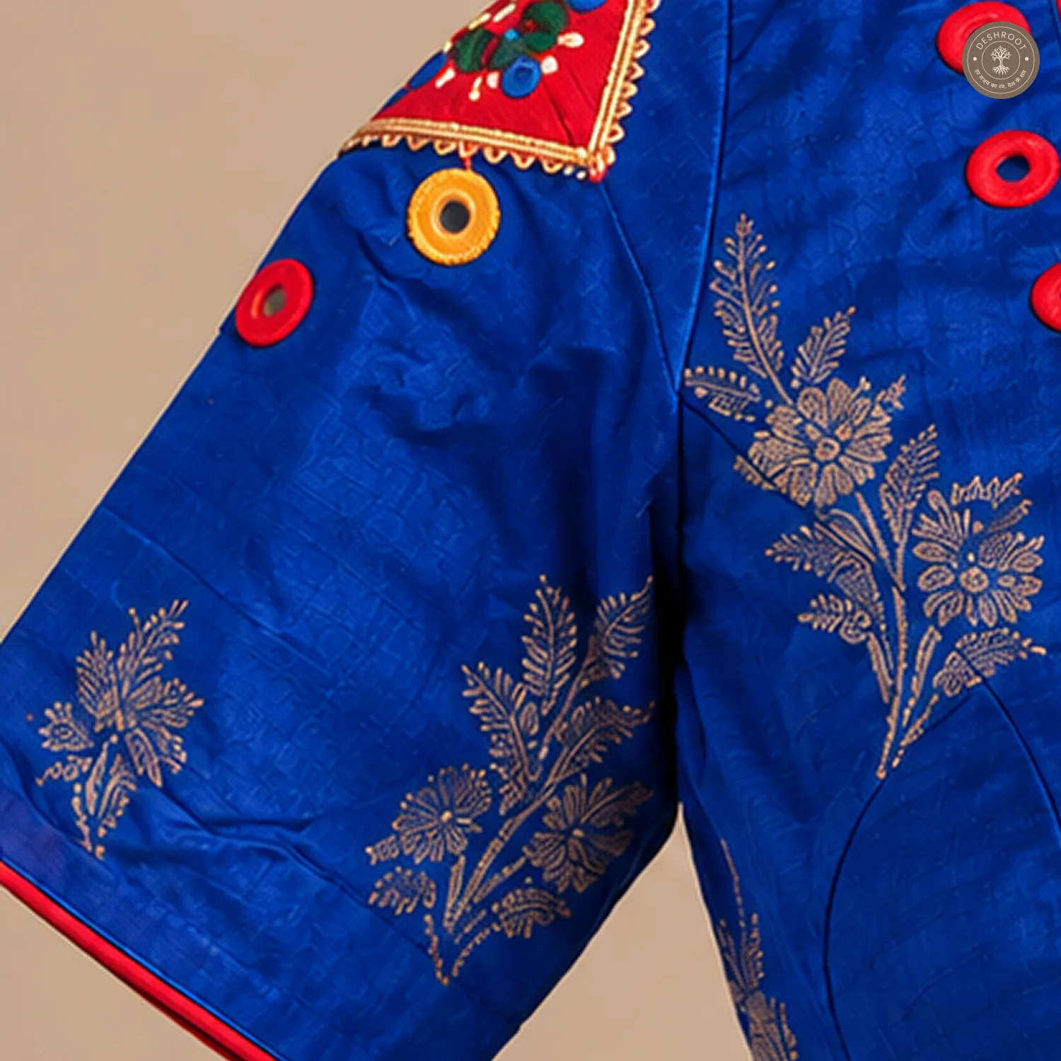 Royal Blue Dola Silk Blouse with Handmade Mirror Patch Work