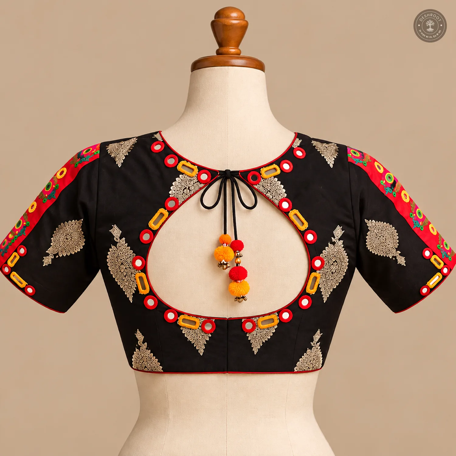 Black Dola Silk Navratri Choli with Hand Mirror Work & Patch Detailing