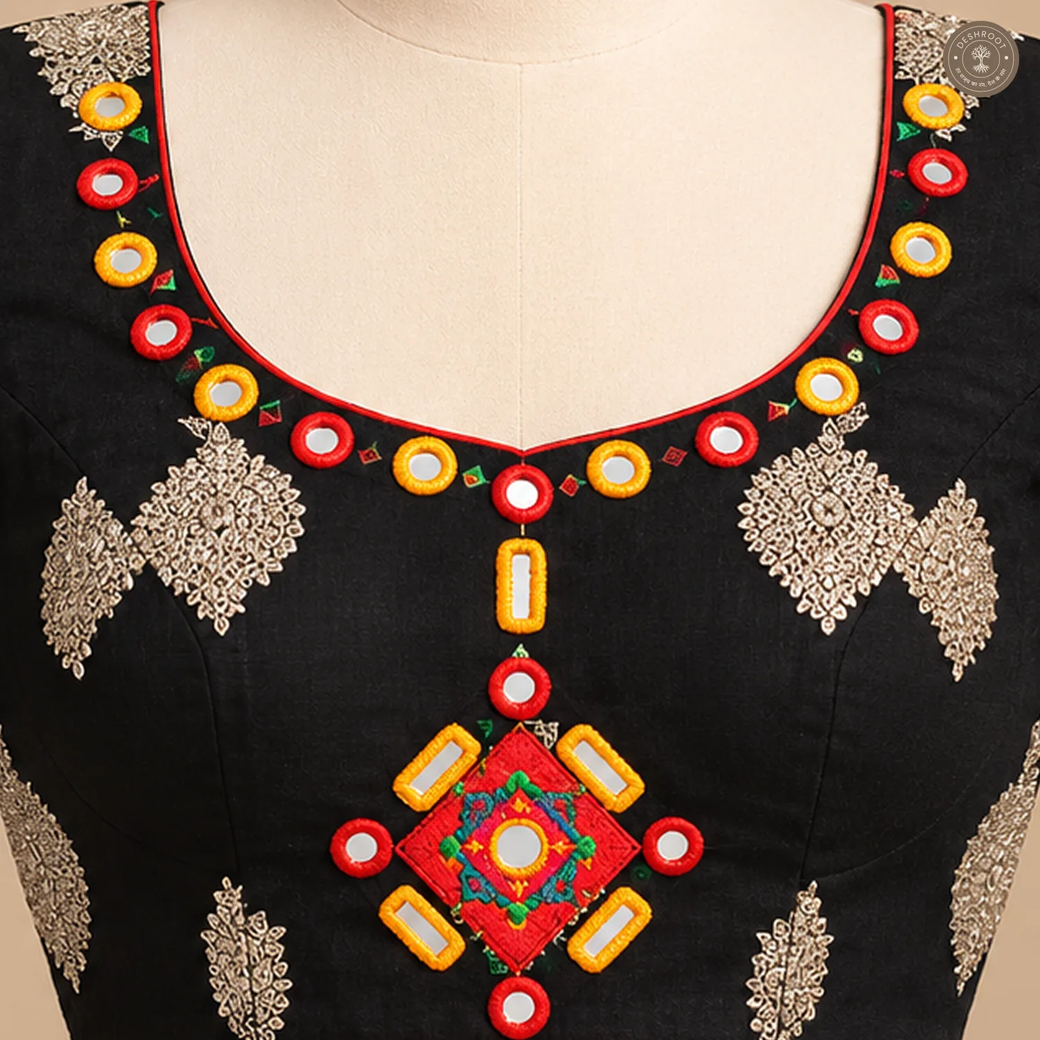 Black Dola Silk Navratri Choli with Hand Mirror Work & Patch Detailing