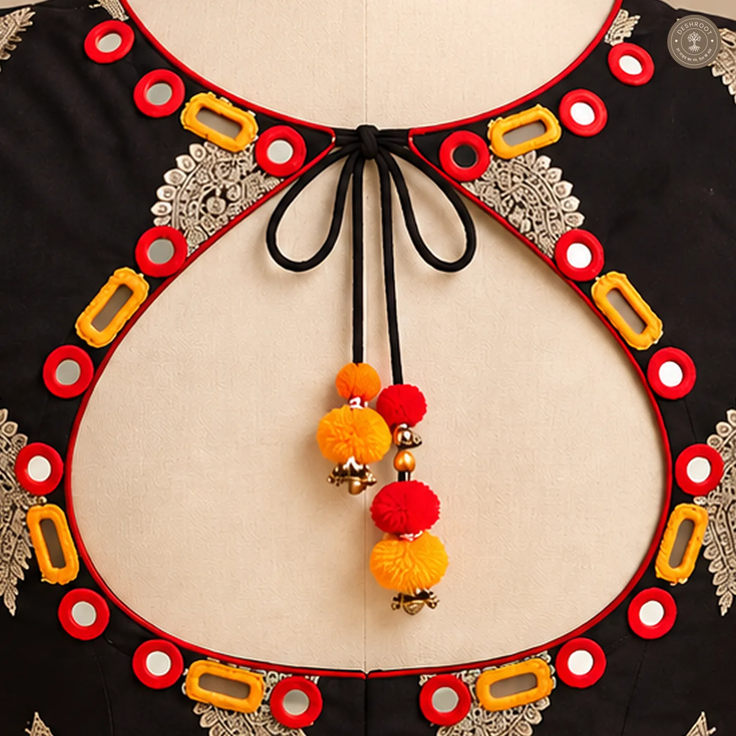 Black Dola Silk Navratri Choli with Hand Mirror Work & Patch Detailing