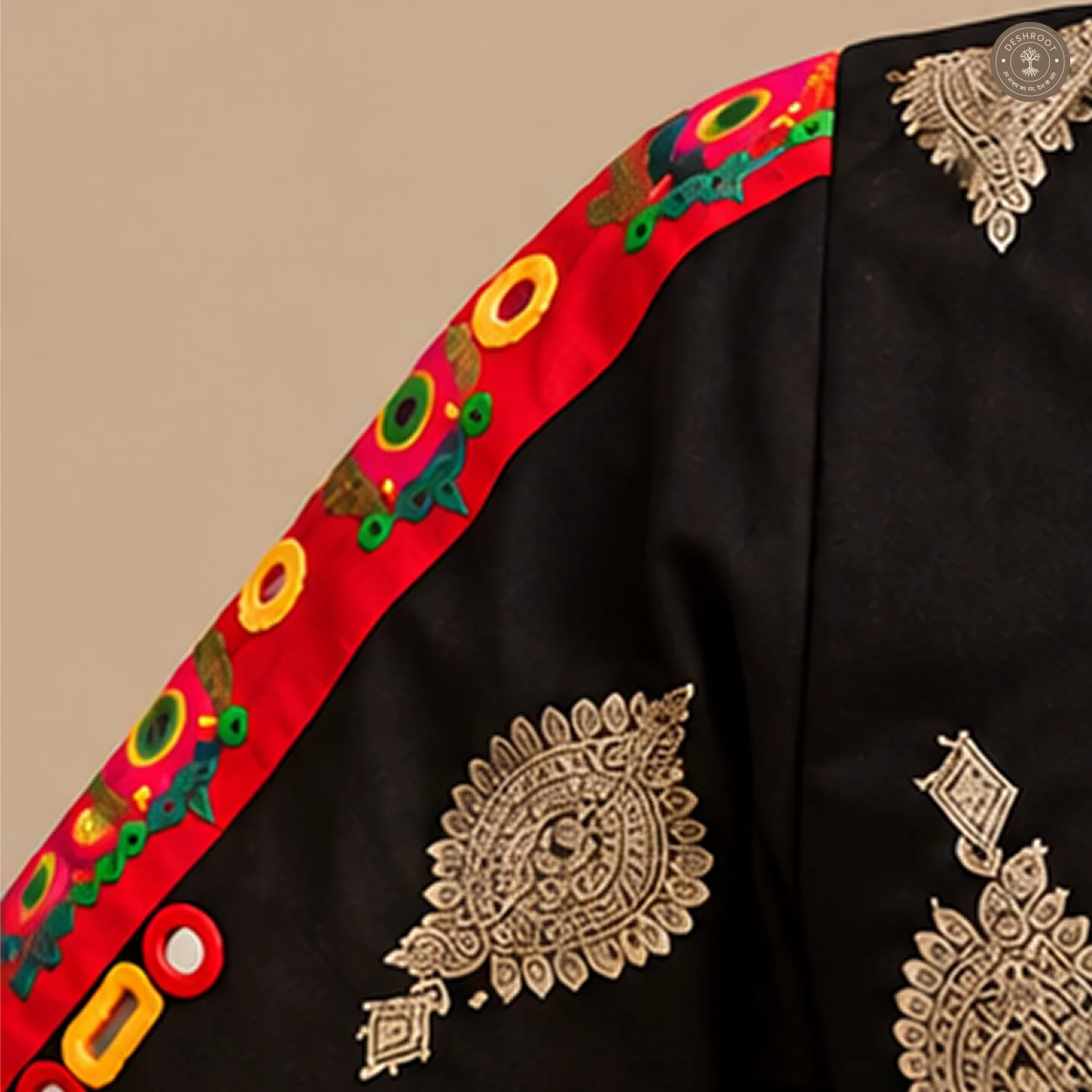Black Dola Silk Navratri Choli with Hand Mirror Work & Patch Detailing
