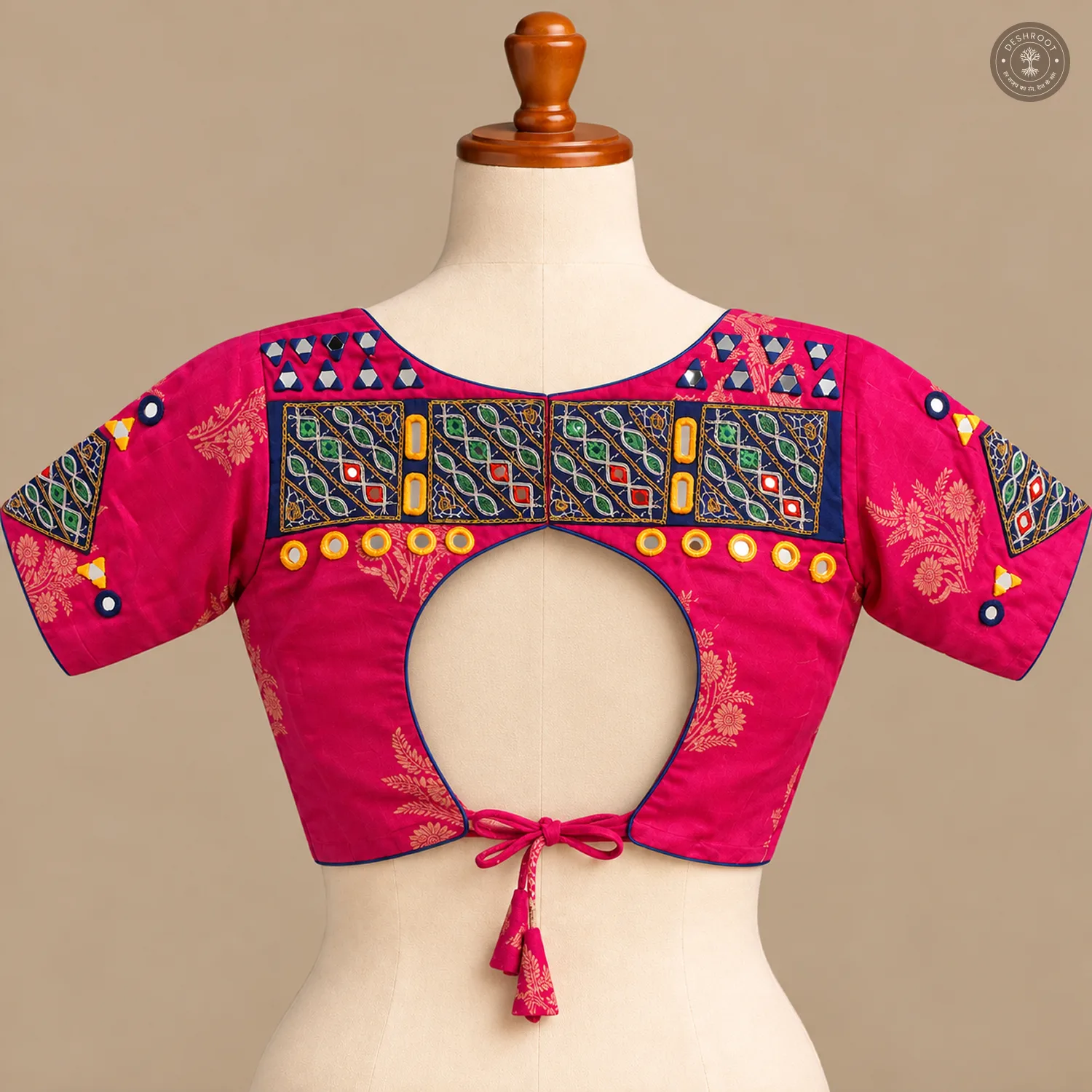 Pink Dola Silk Navratri Choli with Hand Mirror Work & Patch Detailing