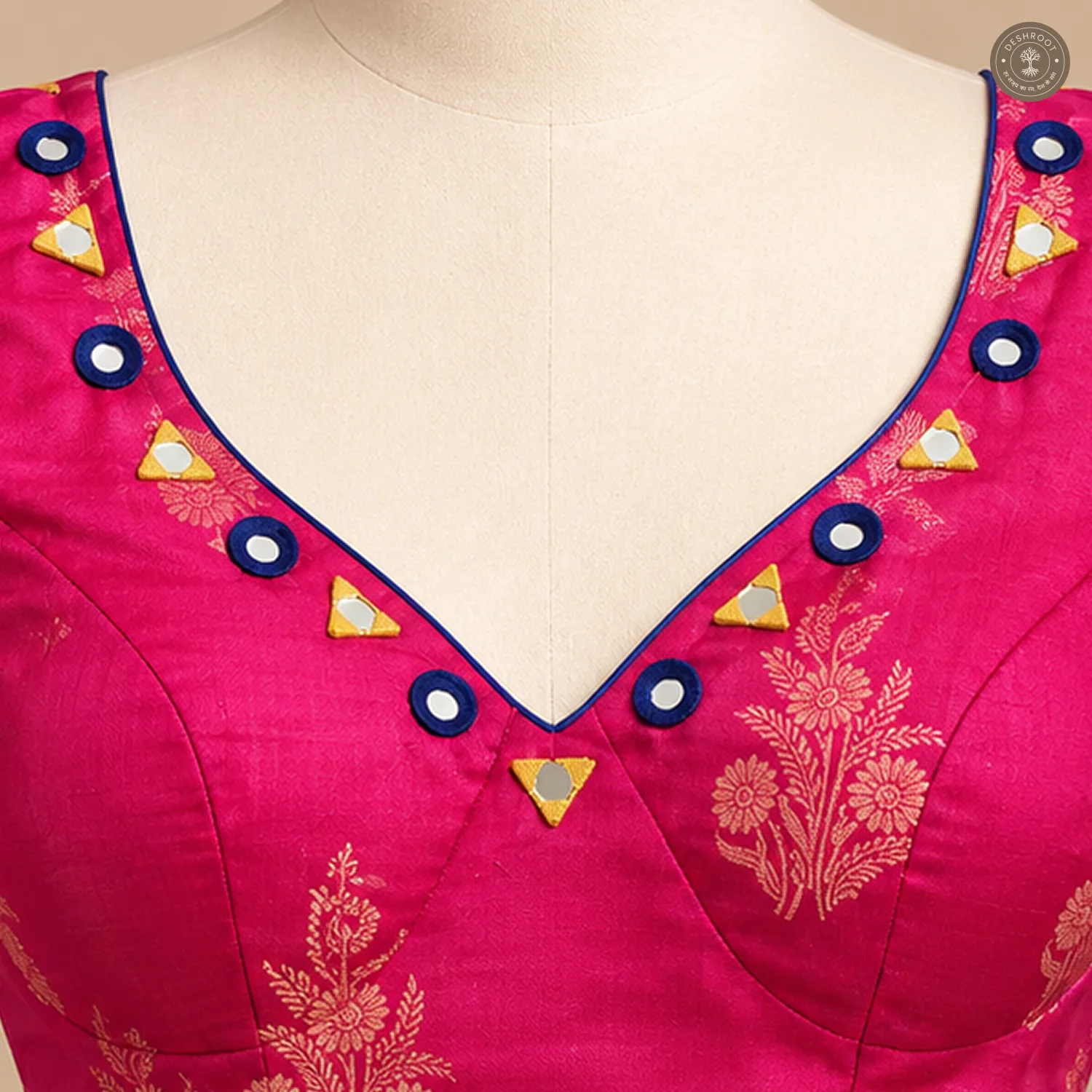 Pink Dola Silk Navratri Choli with Hand Mirror Work & Patch Detailing