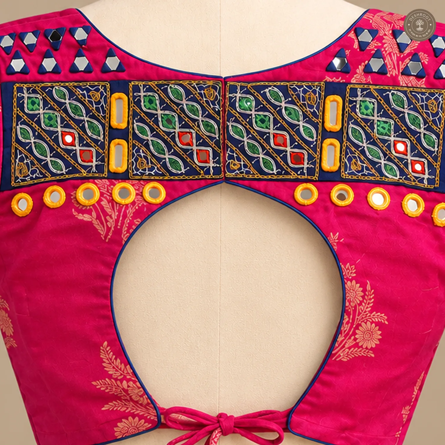 Pink Dola Silk Navratri Choli with Hand Mirror Work & Patch Detailing