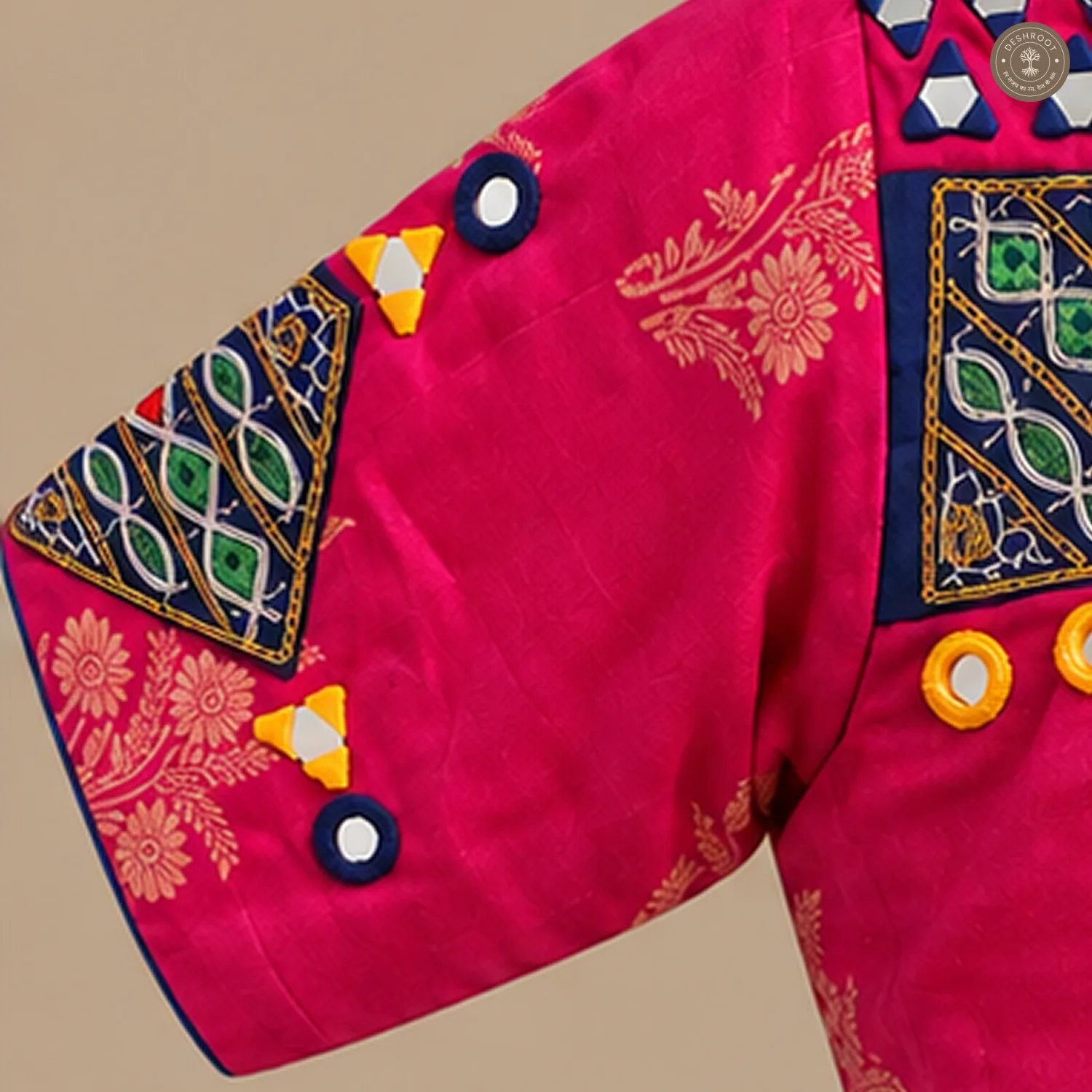 Pink Dola Silk Navratri Choli with Hand Mirror Work & Patch Detailing