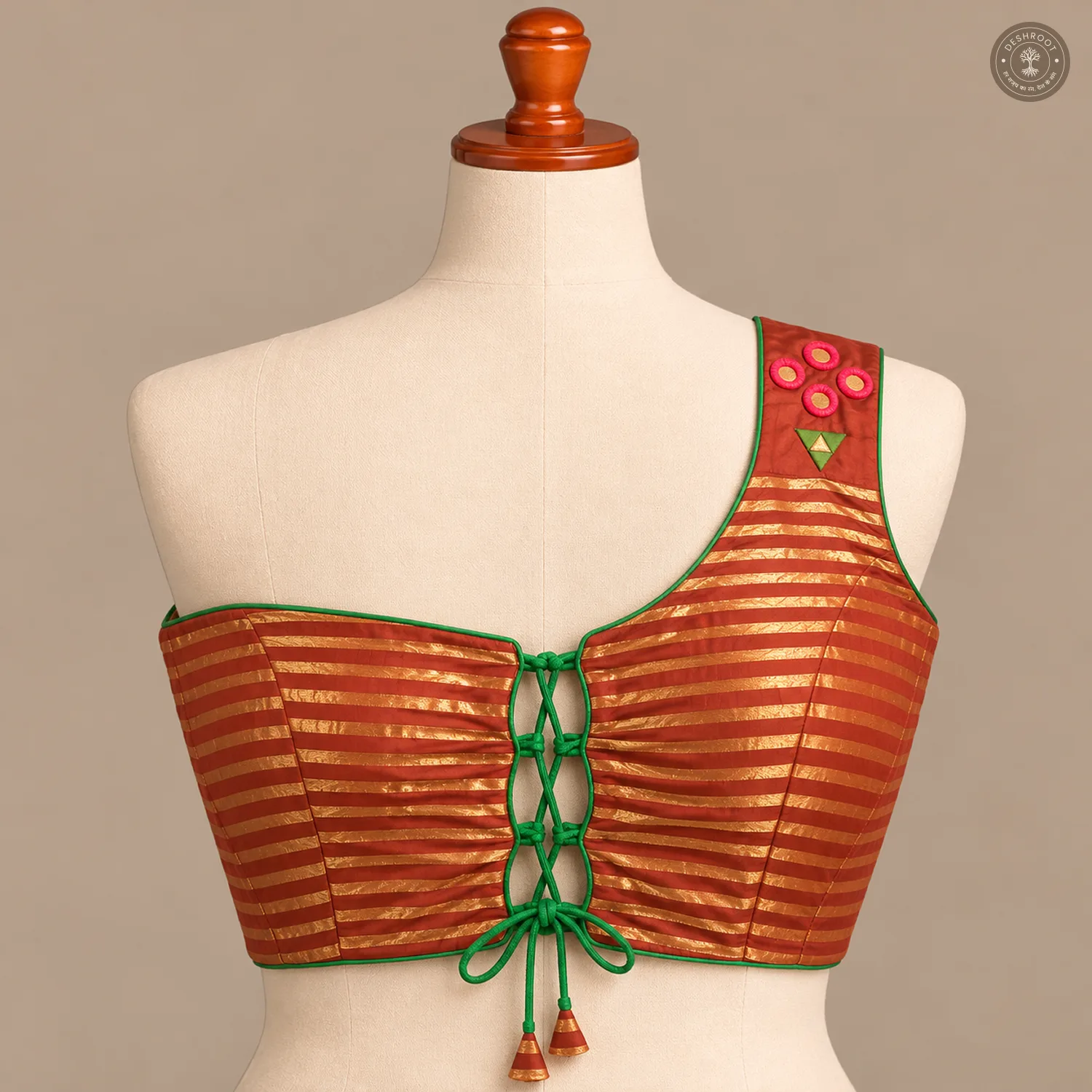 Rust Red Gold Striped Dola Silk One-Shoulder Blouse