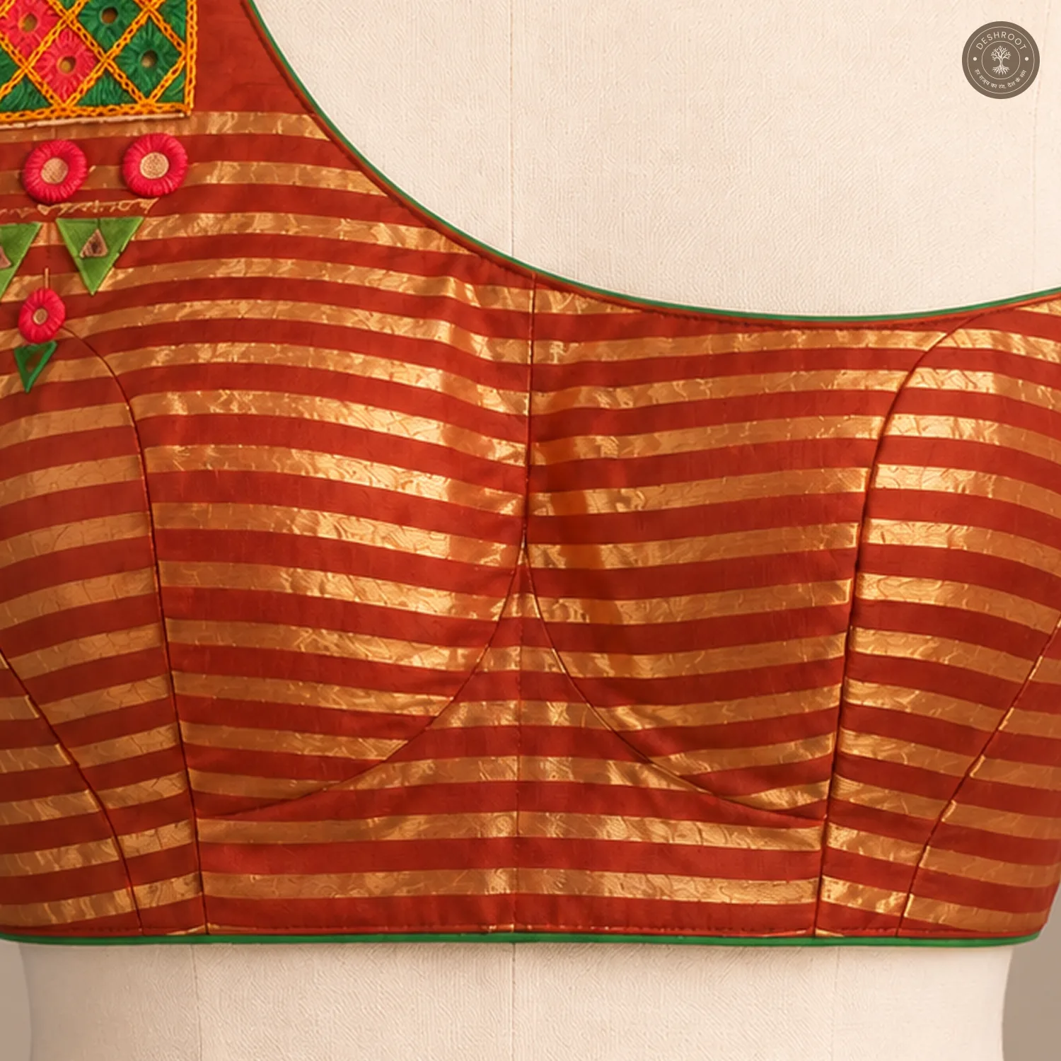 Rust Red Gold Striped Dola Silk One-Shoulder Blouse