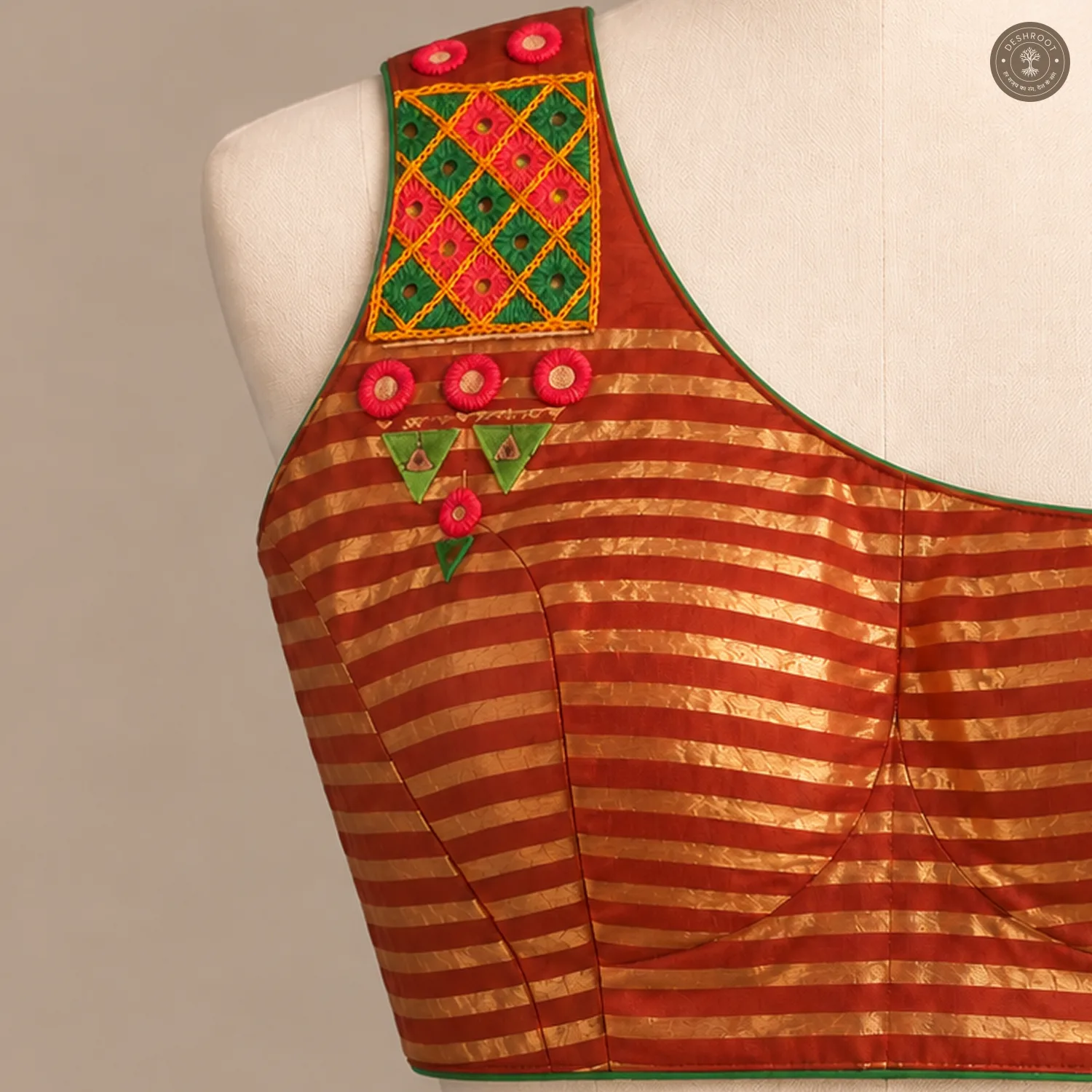 Rust Red Gold Striped Dola Silk One-Shoulder Blouse