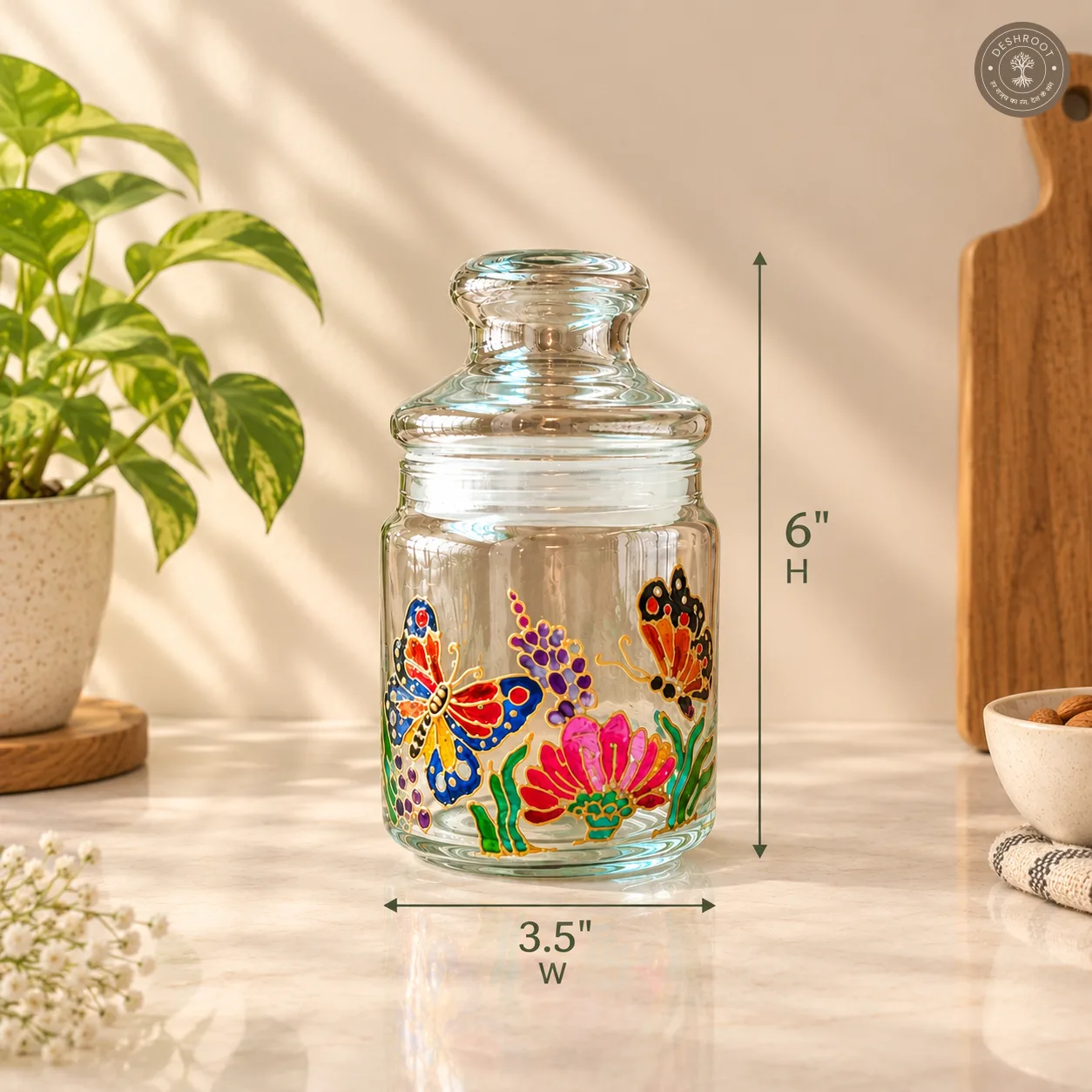Hand Painted Butterfly & Floral Glass Jar - Airtight Decorative Storage Jar