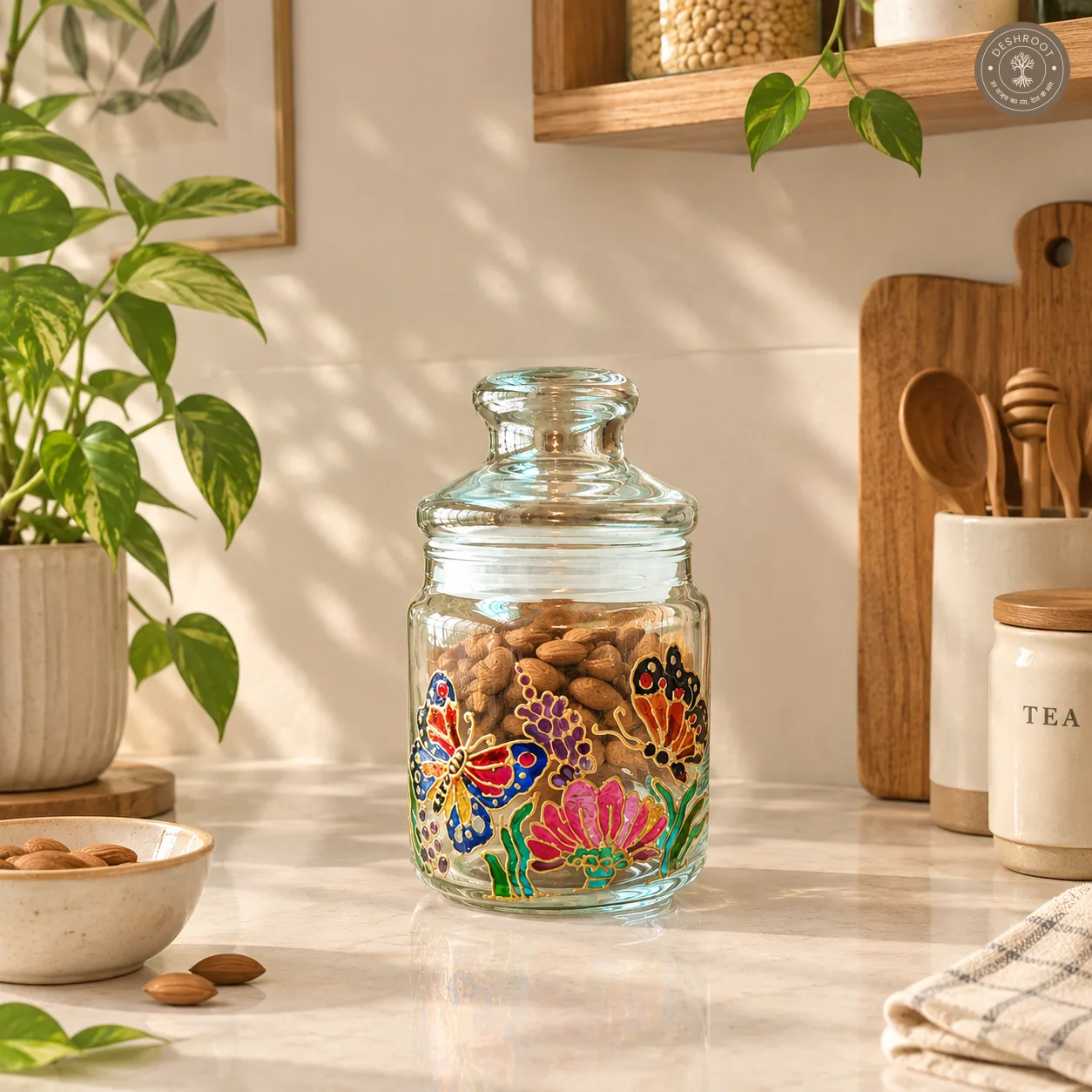 Hand Painted Butterfly & Floral Glass Jar - Airtight Decorative Storage Jar