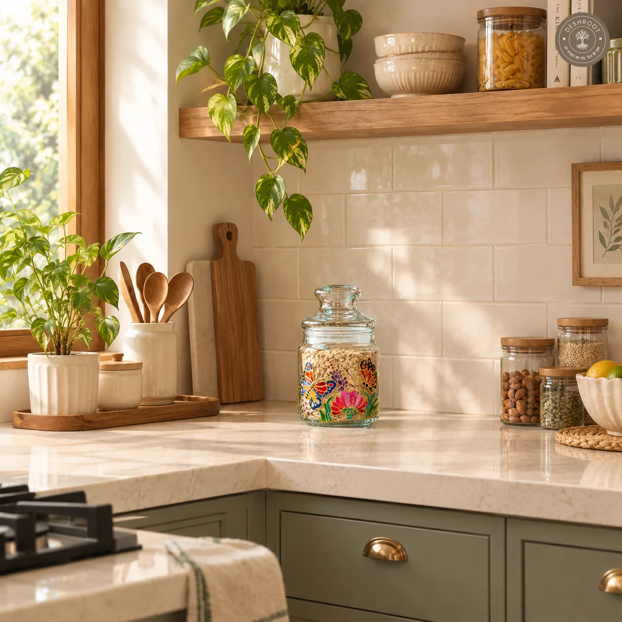 Hand Painted Butterfly & Floral Glass Jar - Airtight Decorative Storage Jar