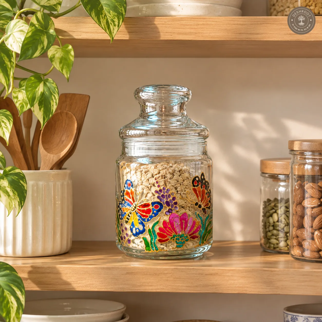 Hand Painted Butterfly & Floral Glass Jar - Airtight Decorative Storage Jar
