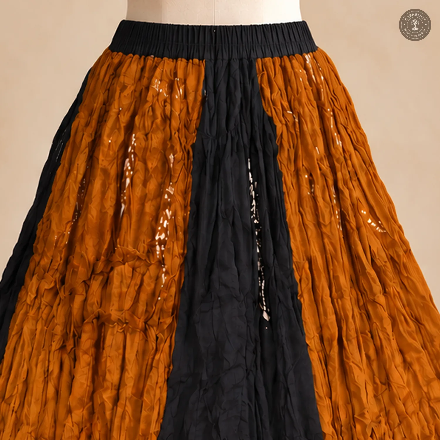 Mustard Black Patchwork Dola Silk Chaniya Ghagra