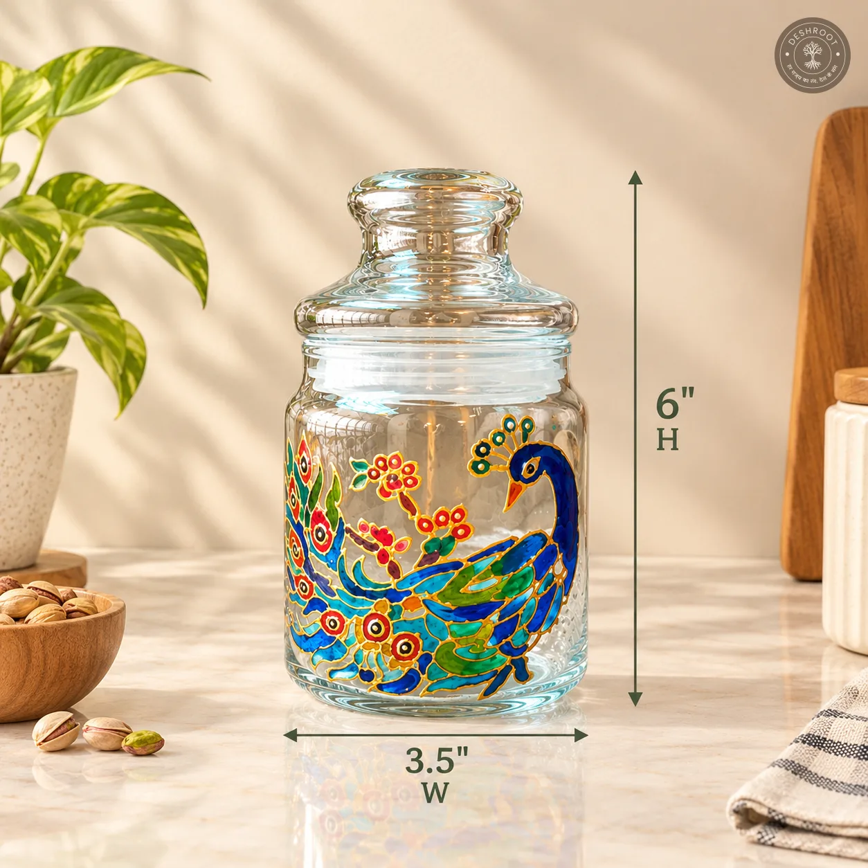 Hand Painted Peacock Glass Jar - Airtight Decorative Storage Jar