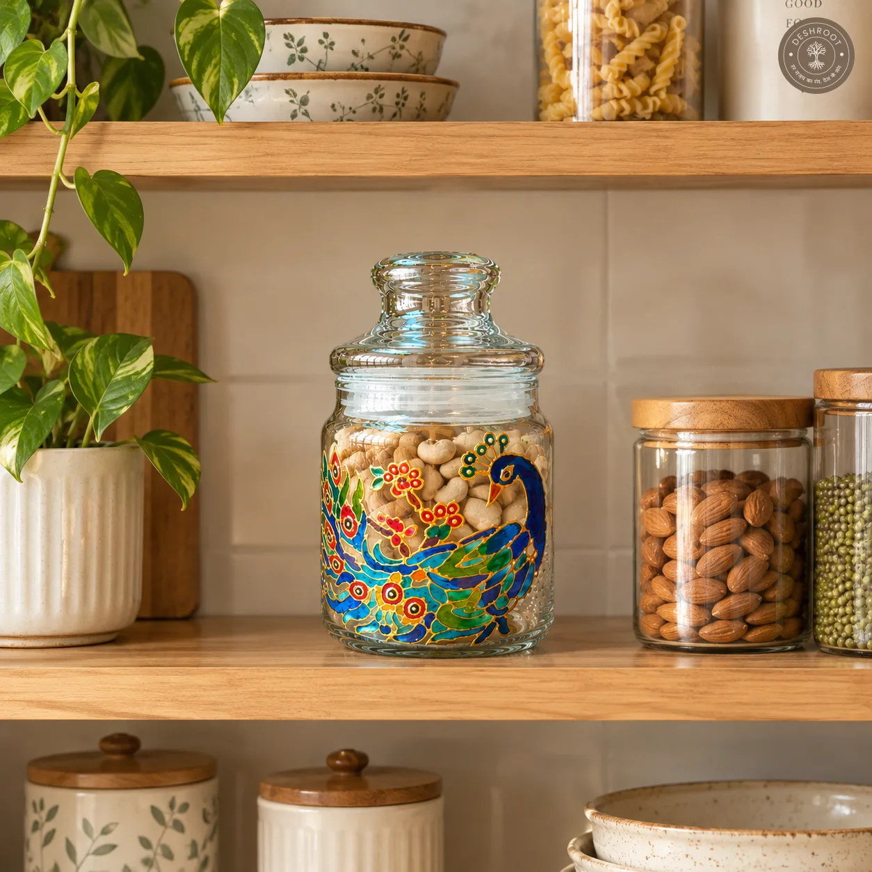 Hand Painted Peacock Glass Jar - Airtight Decorative Storage Jar