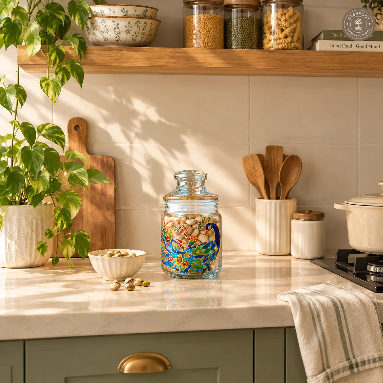 Hand Painted Peacock Glass Jar - Airtight Decorative Storage Jar