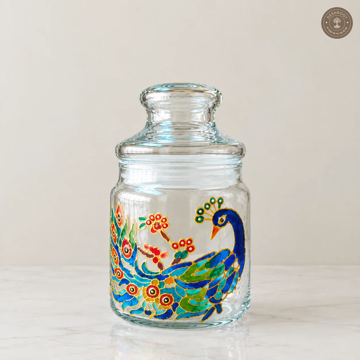 Hand Painted Peacock Glass Jar - Airtight Decorative Storage Jar