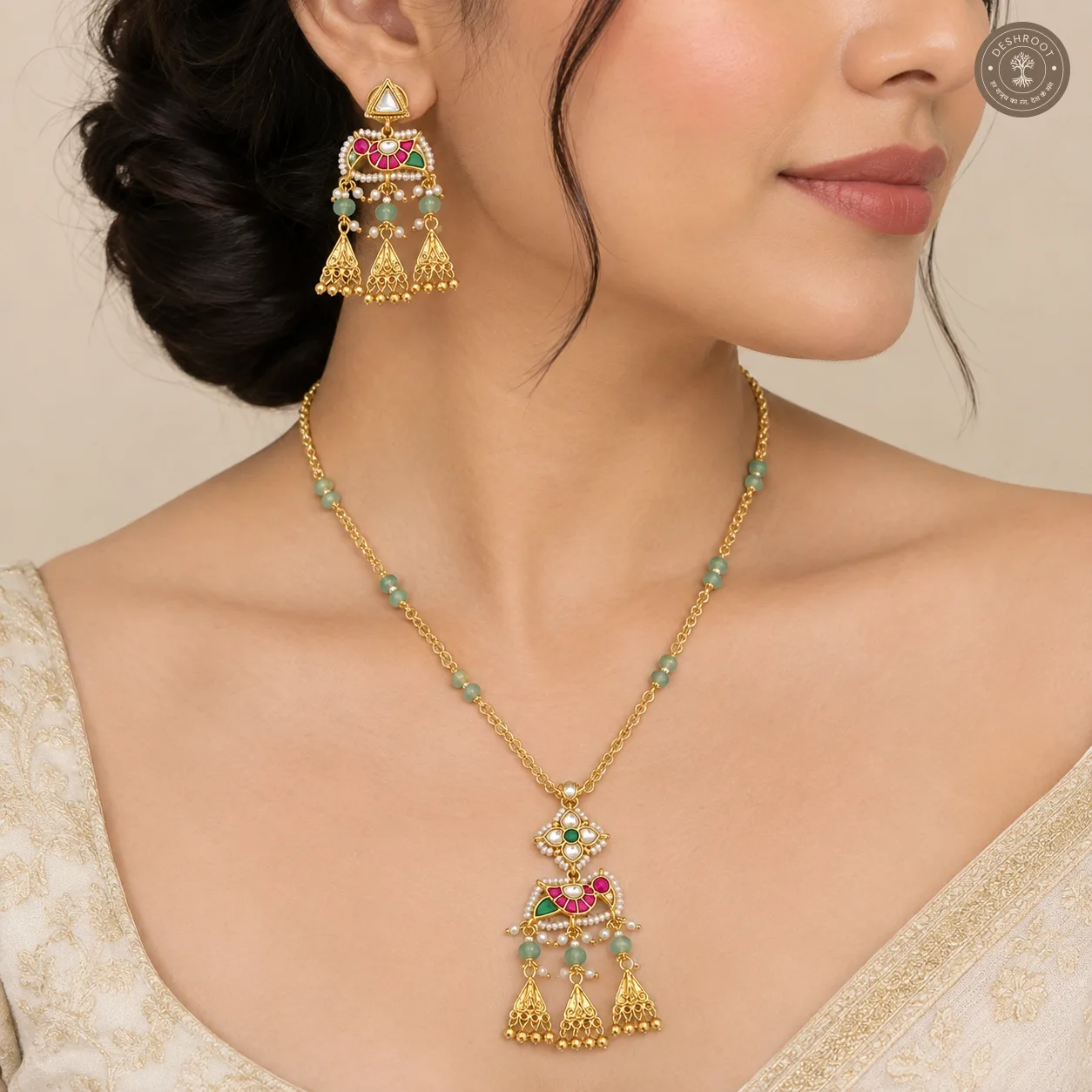 Royal Pachi Kundan Green Beaded Necklace Set with Matching Earrings