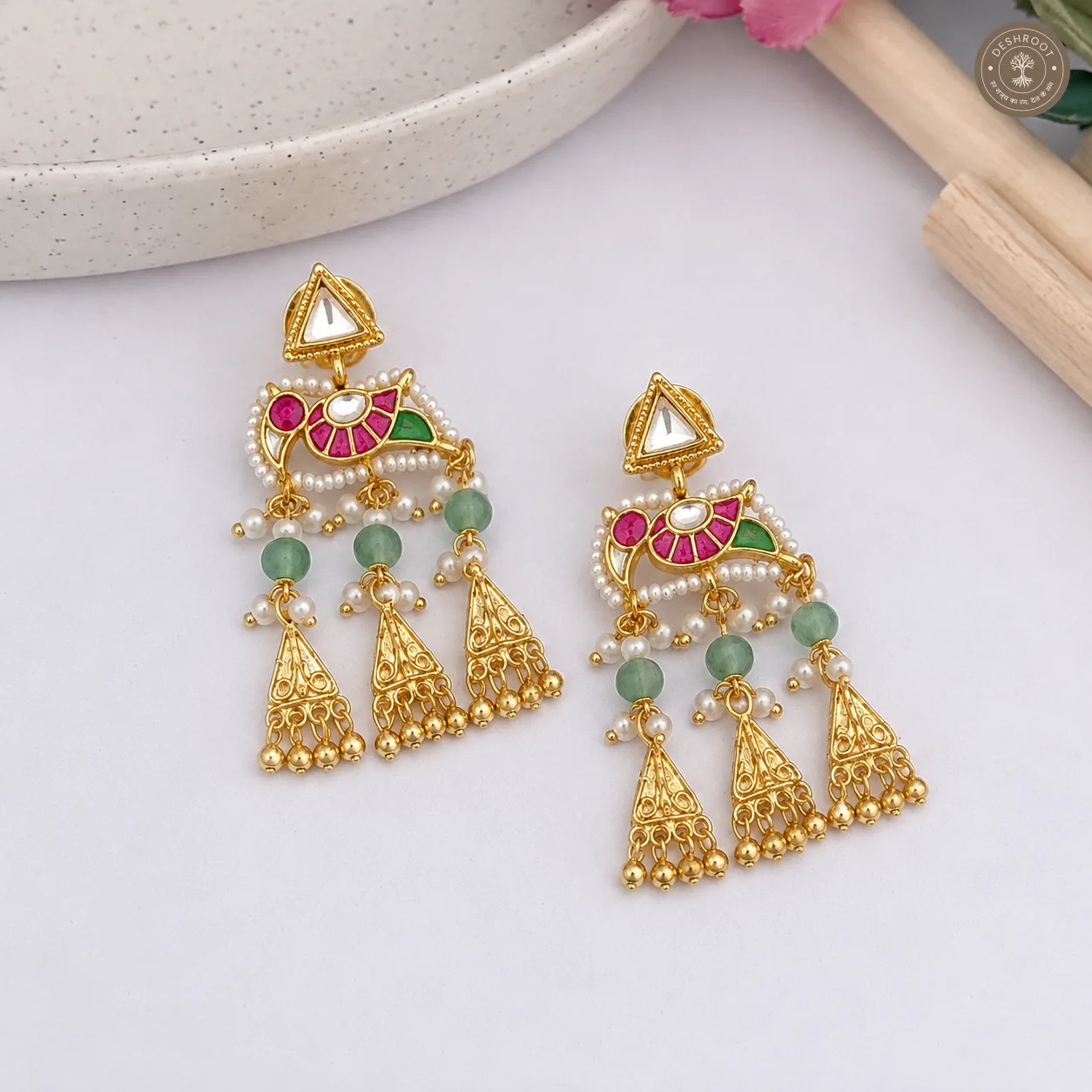 Royal Pachi Kundan Green Beaded Necklace Set with Matching Earrings