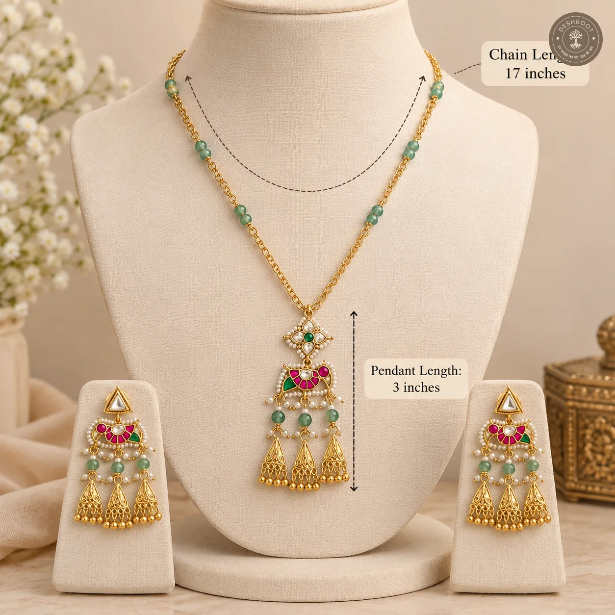 Royal Pachi Kundan Green Beaded Necklace Set with Matching Earrings