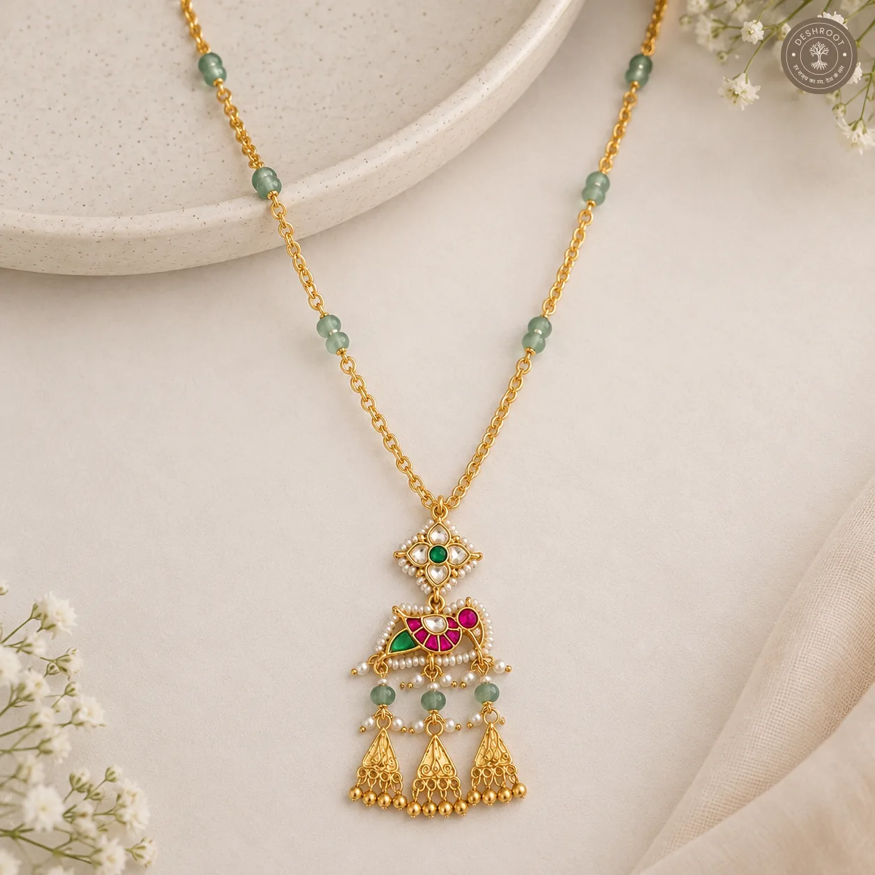 Royal Pachi Kundan Green Beaded Necklace Set with Matching Earrings