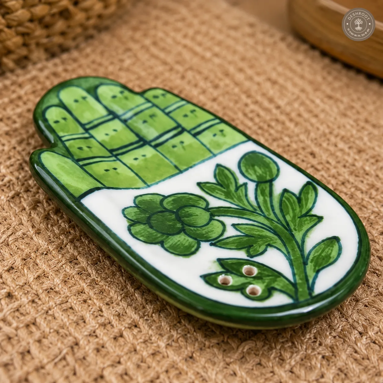 Handcrafted Jaipur Blue Pottery Incense Stick Holder – Hand-Painted Green & White Floral Ceramic Agarbatti Holder for Pooja, Meditation & Home Décor
