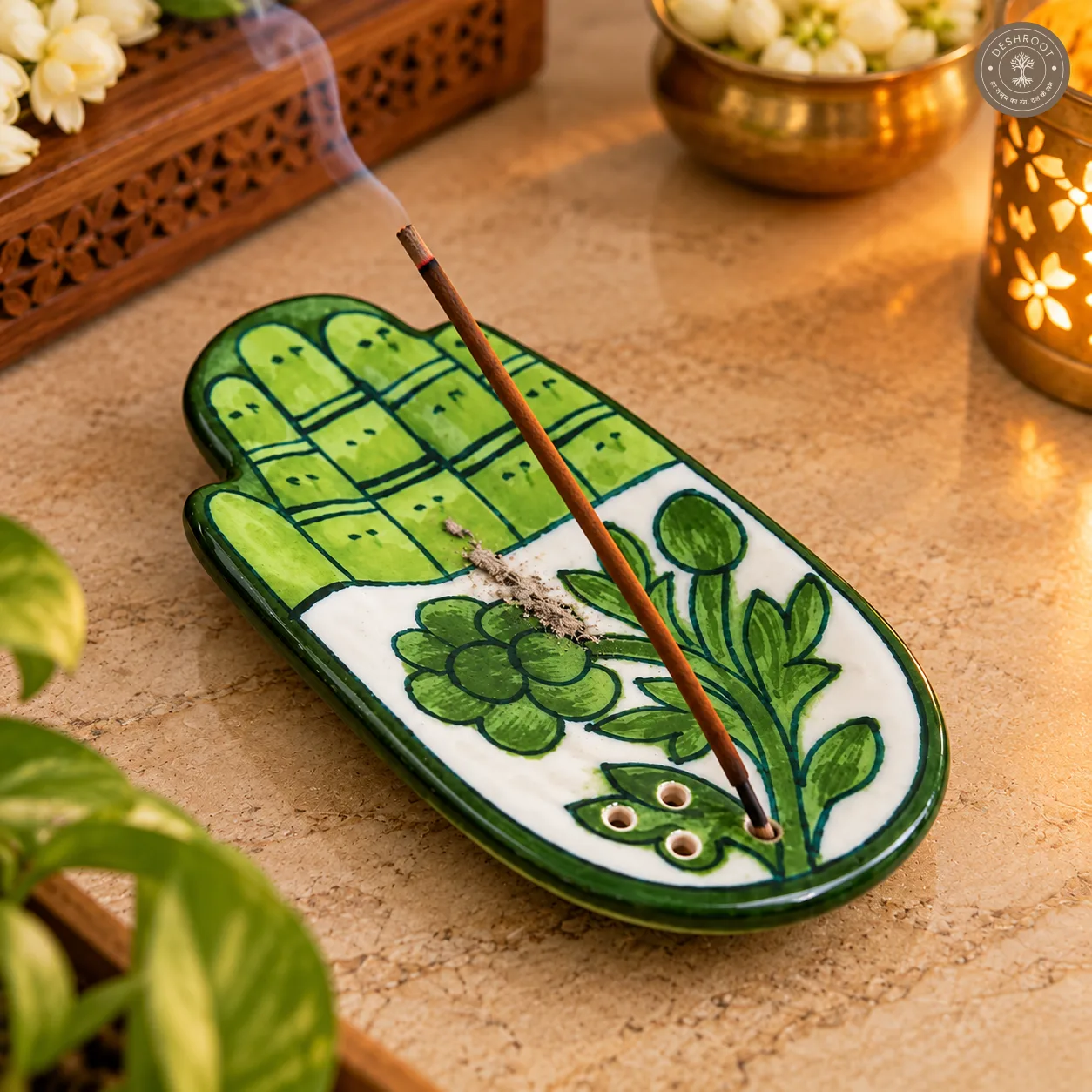 Handcrafted Jaipur Blue Pottery Incense Stick Holder – Hand-Painted Green & White Floral Ceramic Agarbatti Holder for Pooja, Meditation & Home Décor