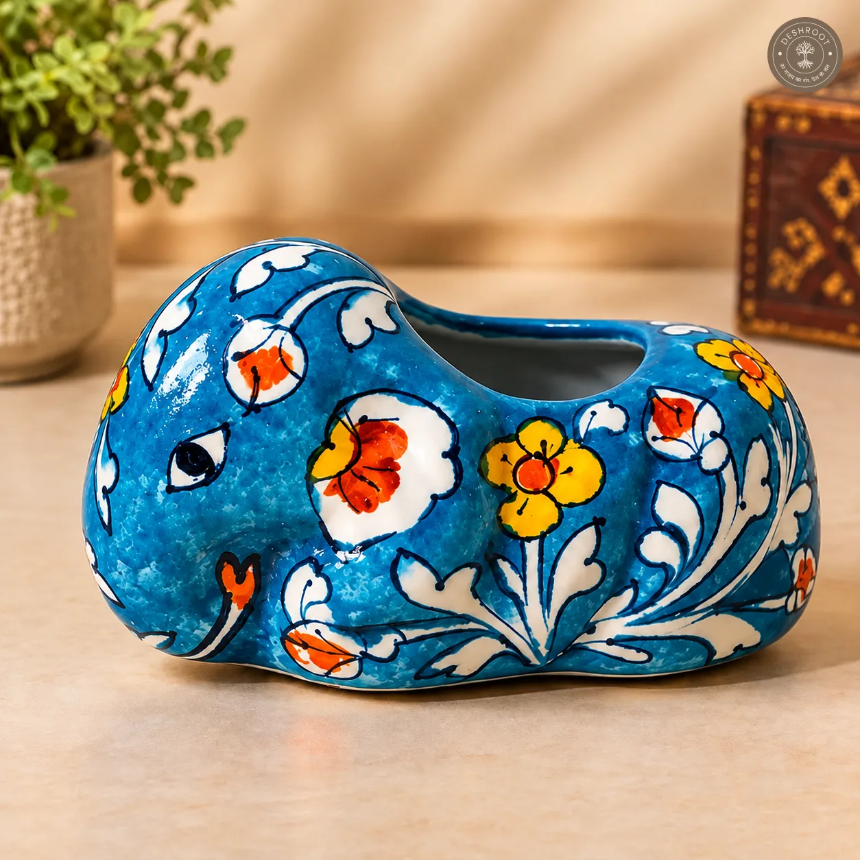 Handcrafted Blue Pottery Elephant Planter