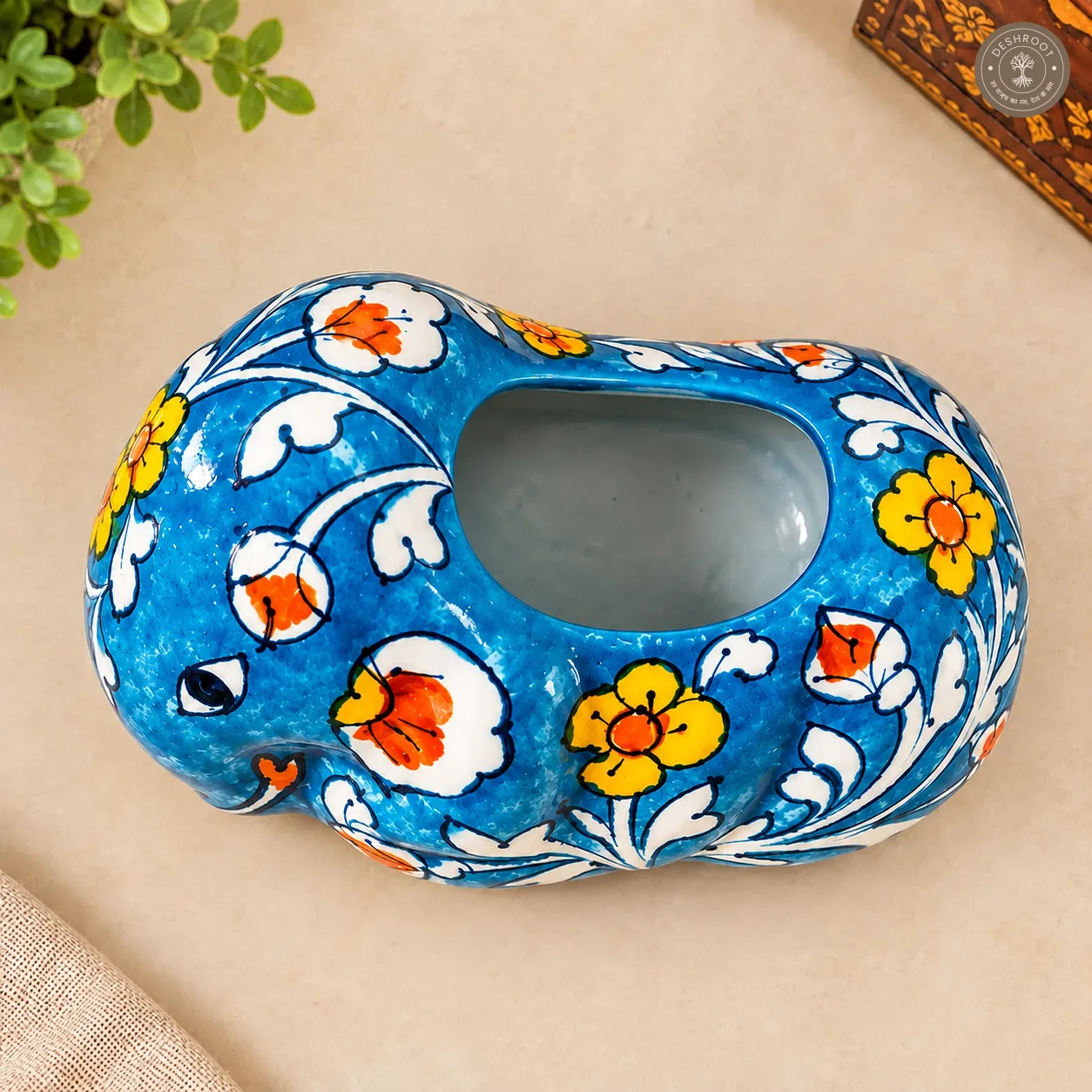 Handcrafted Blue Pottery Elephant Planter